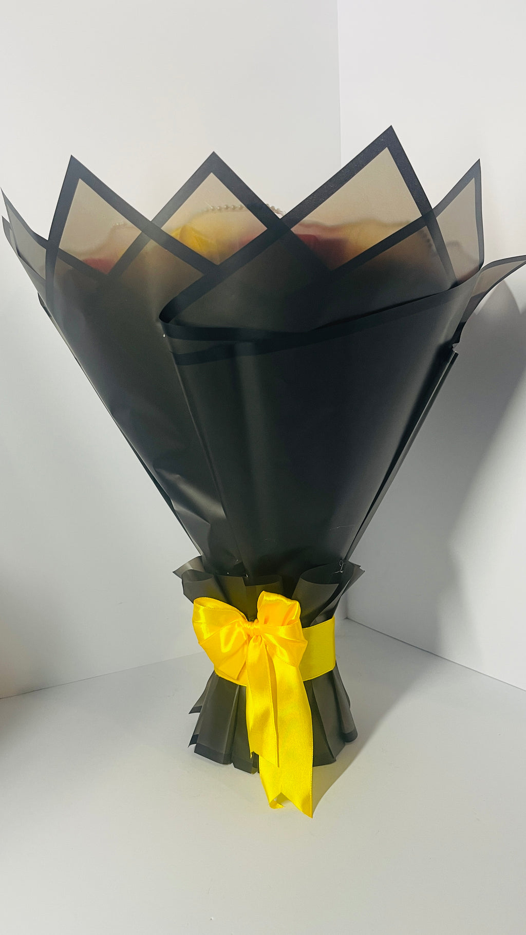 Handmade Satin Rose Bouquet – Elegant Red & Yellow Design 30-steams
