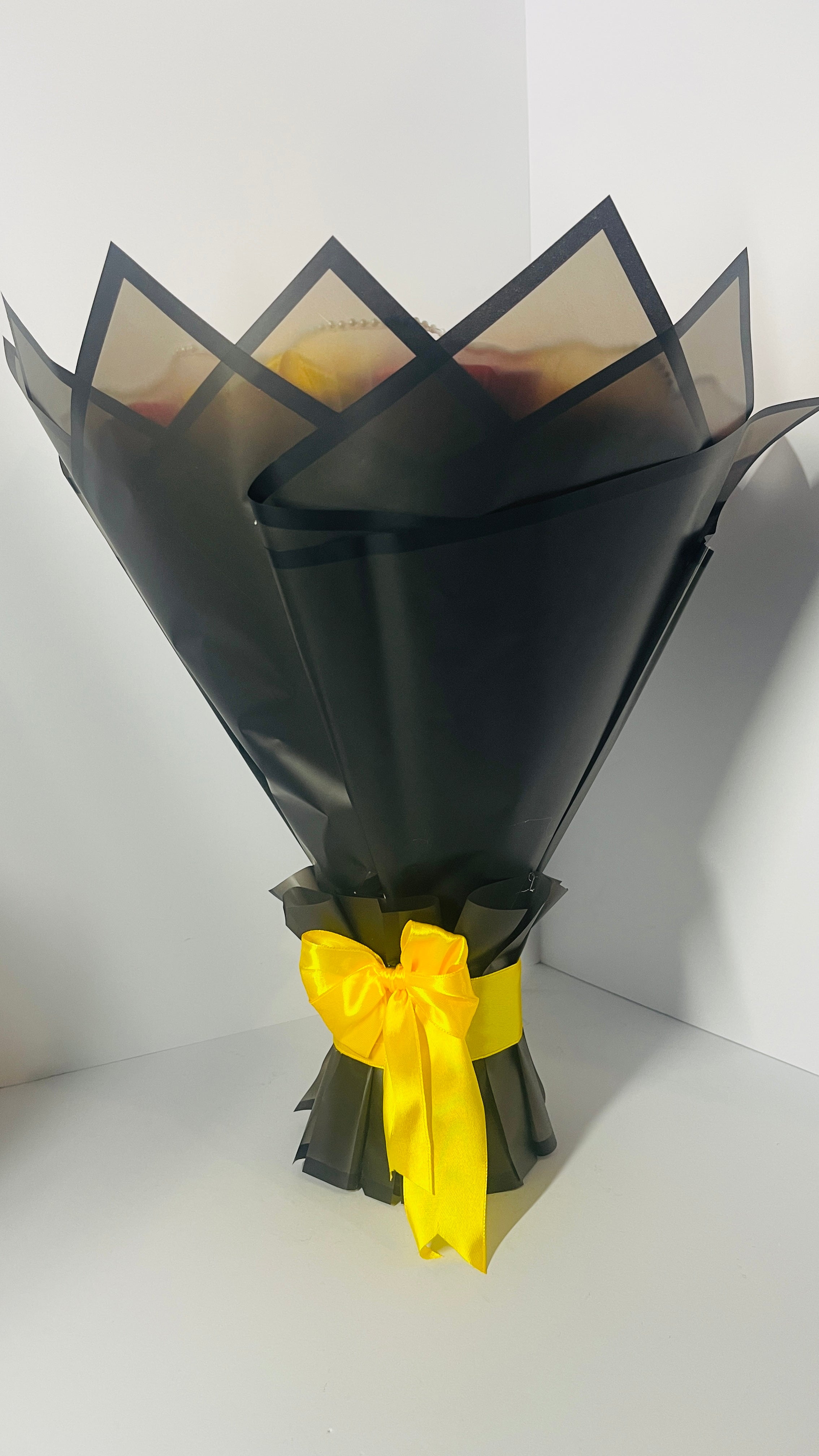 Handmade Satin Rose Bouquet – Elegant Red & Yellow Design 30-steams