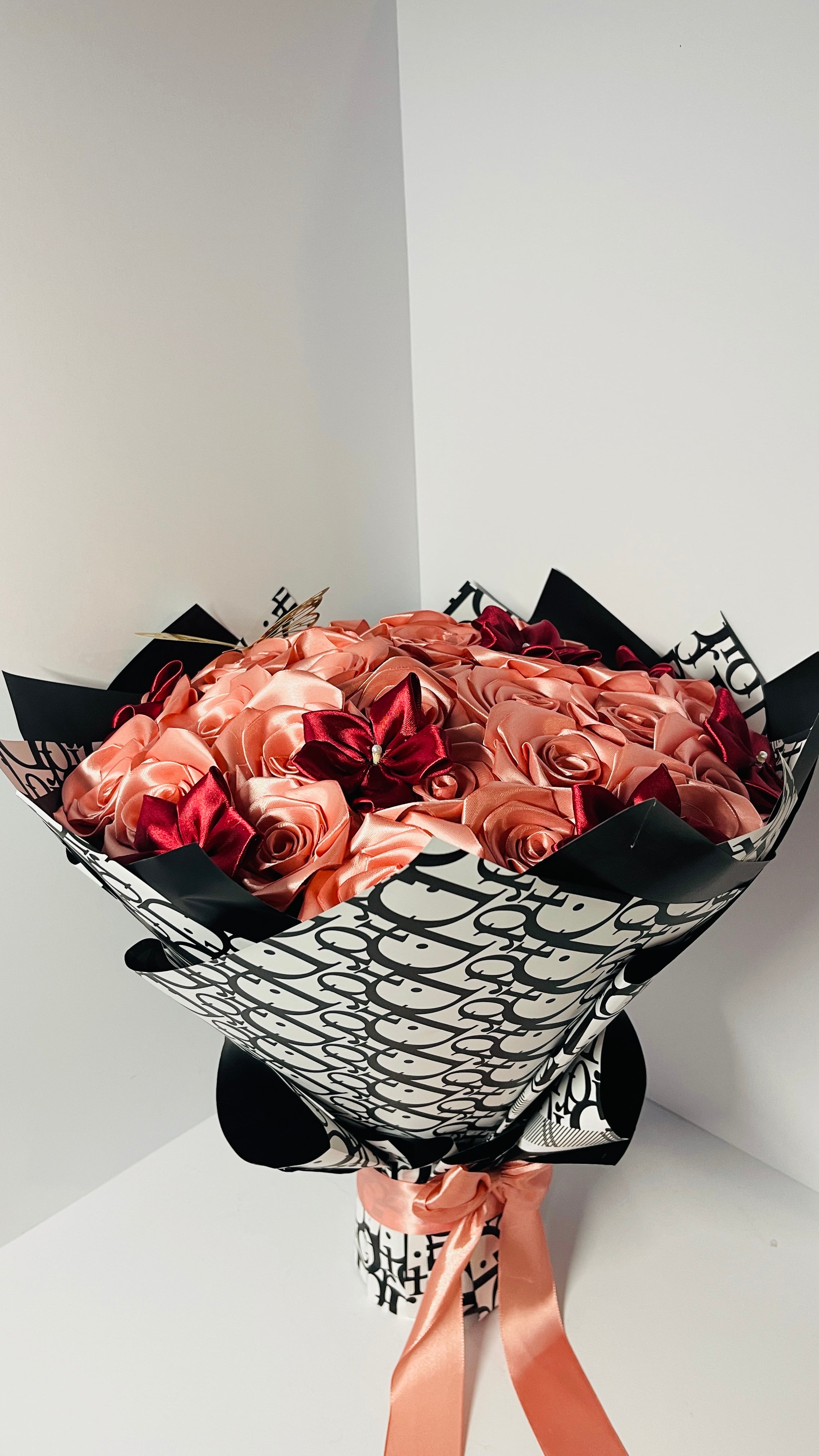 Elegant Handmade Satin Rose Bouquet | Peach & Burgundy Luxury Gift