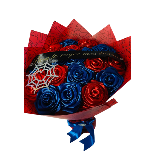 Superhero-Themed Satin Ribbon Rose Bouquet (Spider-Web Design) – Customizable