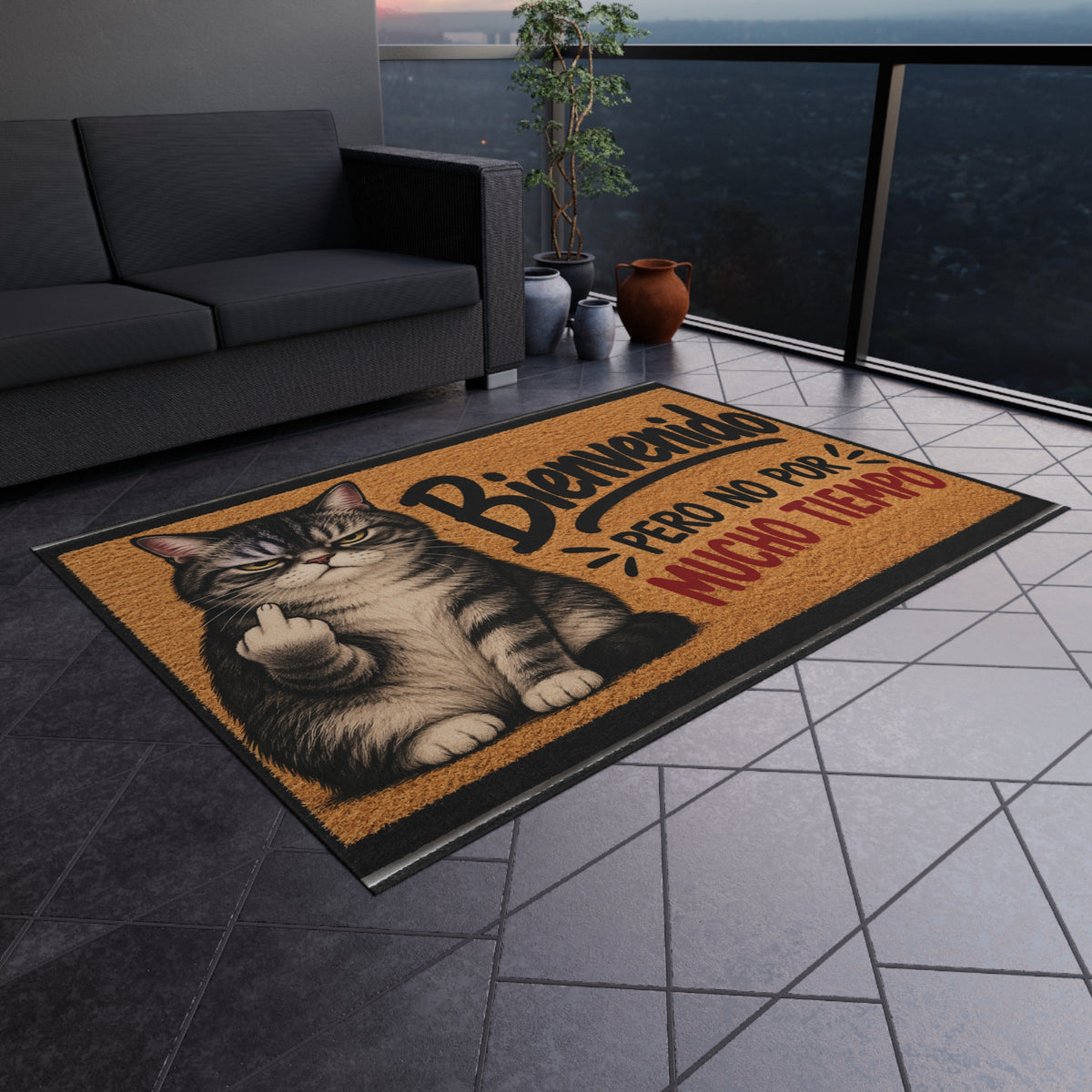 Bienvenido Pero No Por Mucho Tiempo Cat Outdoor Rug