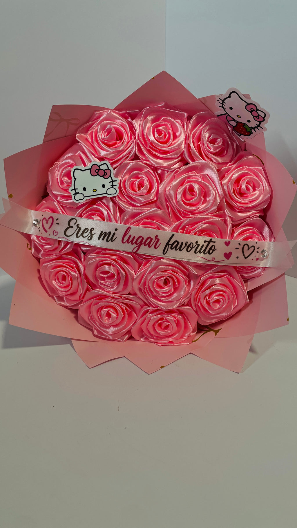 "Eres mi lugar favorito" Hello Kitty Satin Ribbon Rose Bouquet - Handmade Keepsake Gift