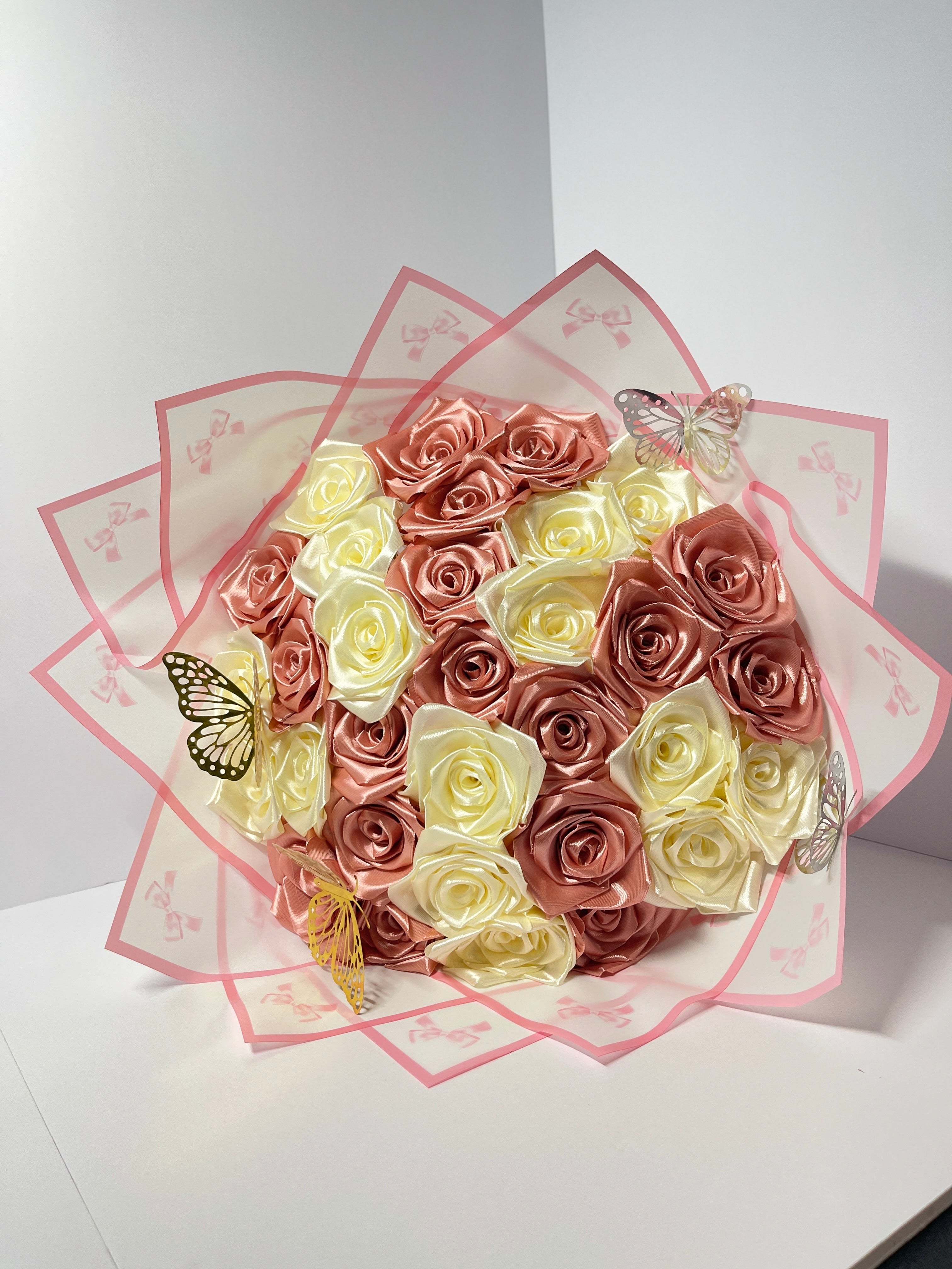 Handmade Satin Ribbon Rose Bouquet - Rose Gold & Cream (32-Rose)