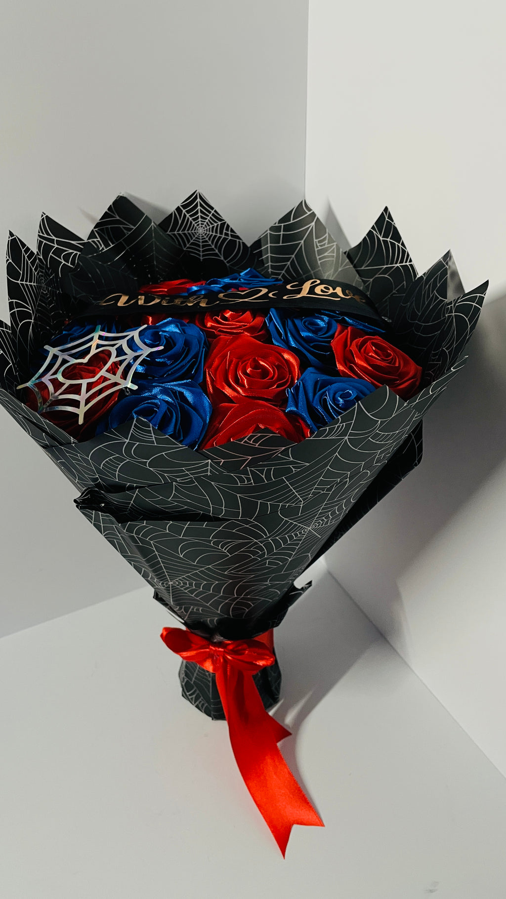 Superhero-Themed Satin Ribbon Rose Bouquet (Spider-Web Design) – Customizable