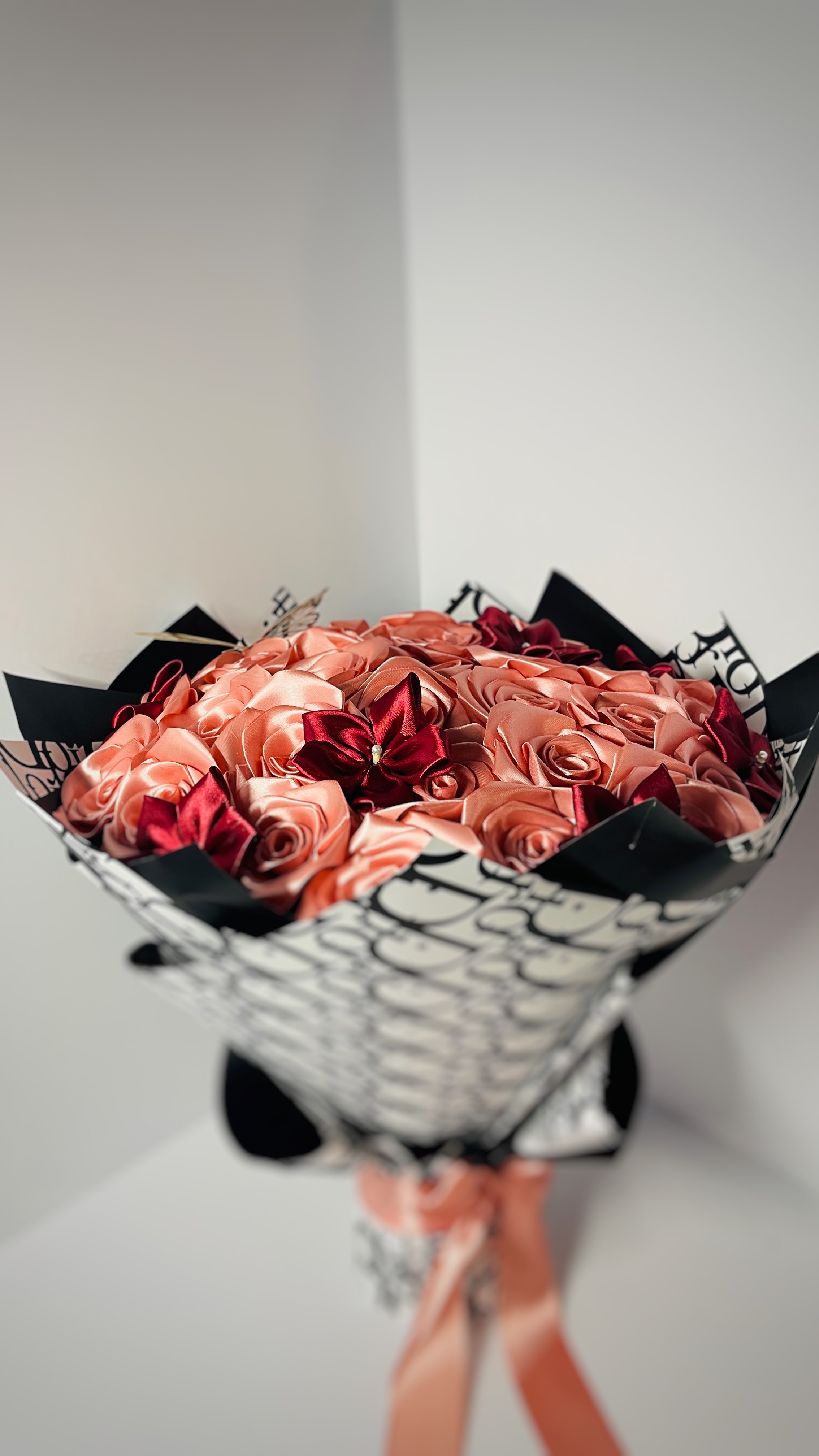 Elegant Handmade Satin Rose Bouquet | Peach & Burgundy Luxury Gift