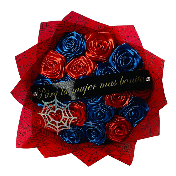 Superhero-Themed Satin Ribbon Rose Bouquet (Spider-Web Design) – Customizable