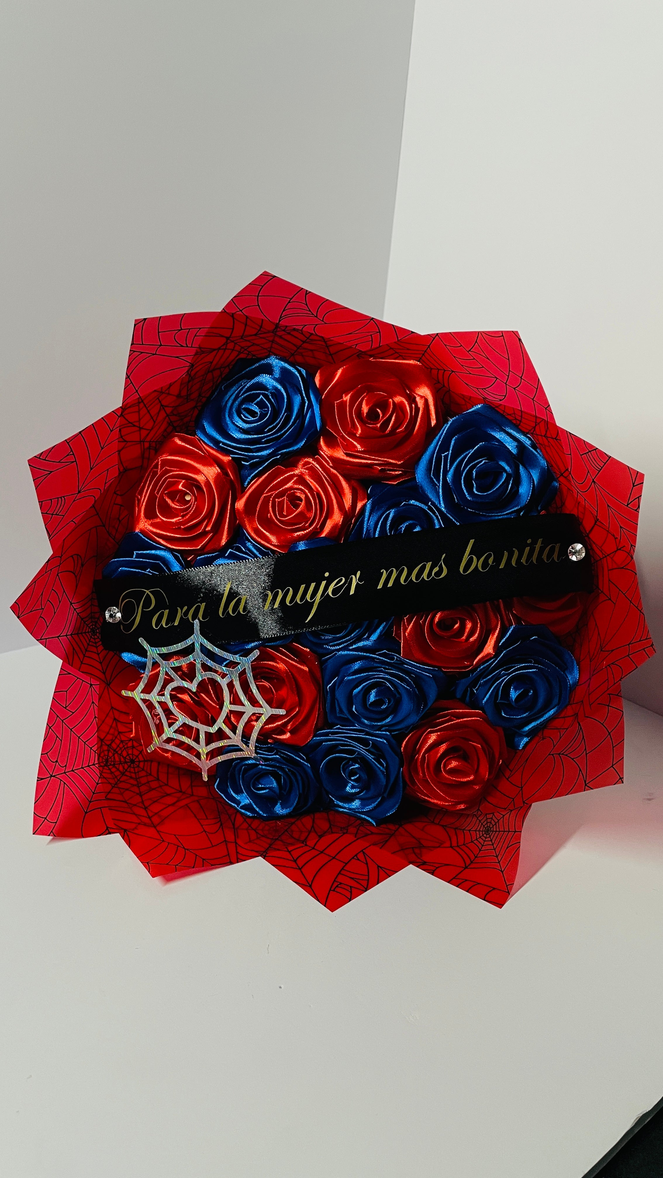 Superhero-Themed Satin Ribbon Rose Bouquet (Spider-Web Design) – Customizable