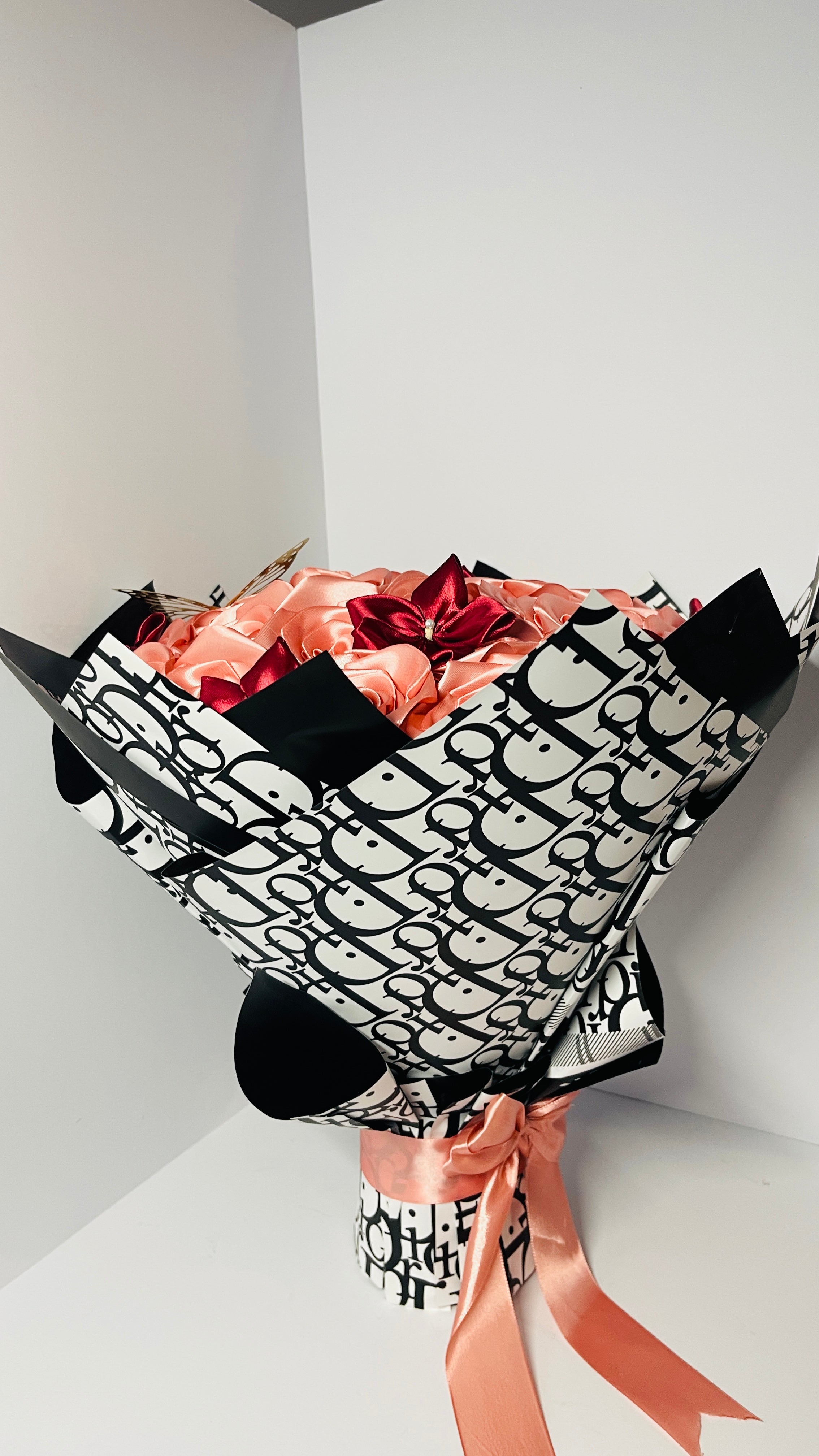 Elegant Handmade Satin Rose Bouquet | Peach & Burgundy Luxury Gift