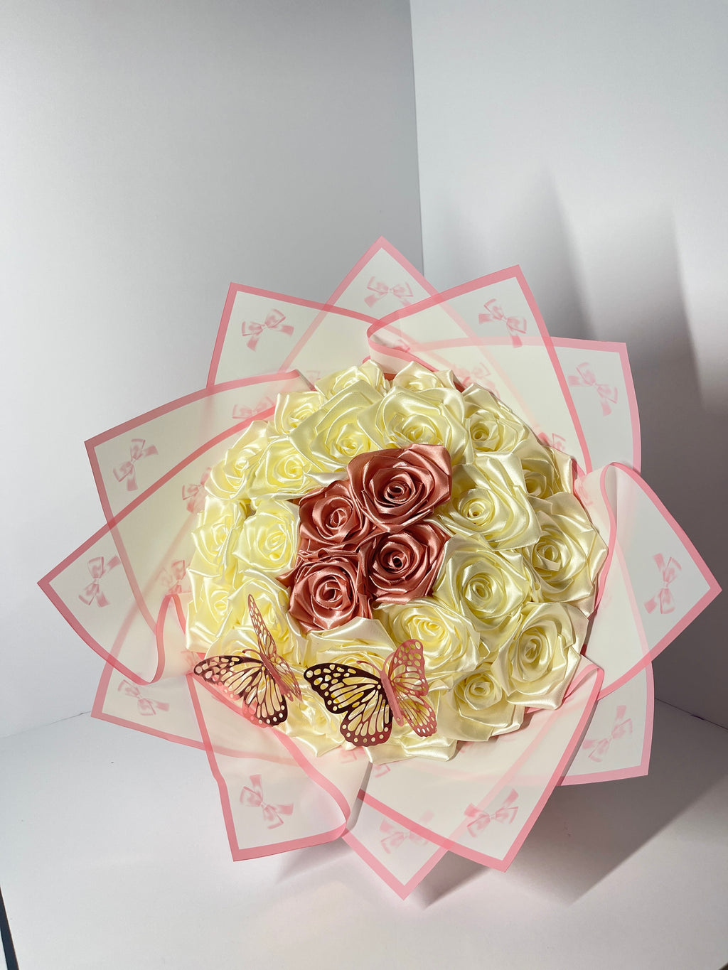 Eternal Rose Satin Ribbon Bouquet - Cream & Rose Gold with Butterflies