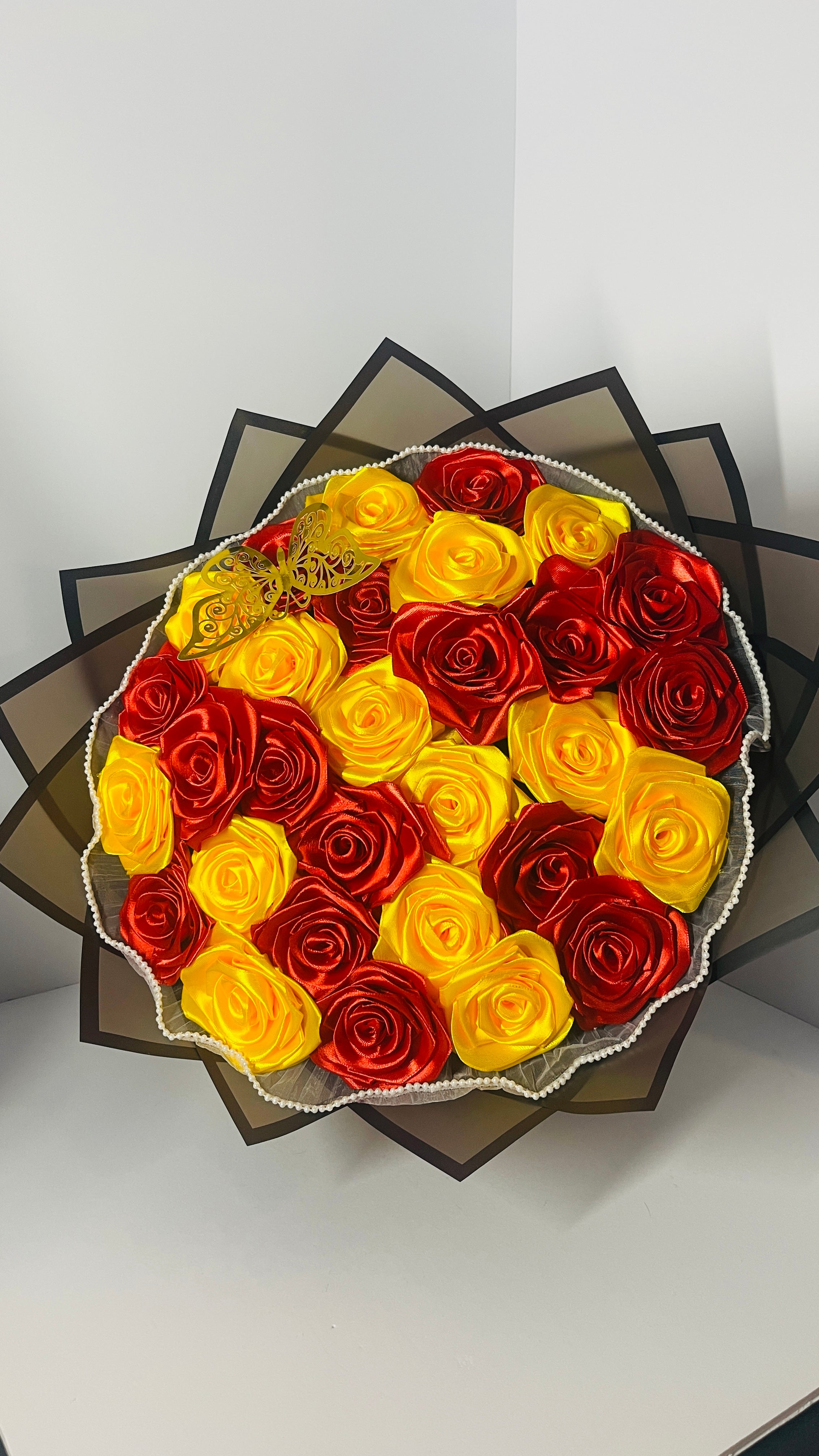 Handmade Satin Rose Bouquet – Elegant Red & Yellow Design 30-steams