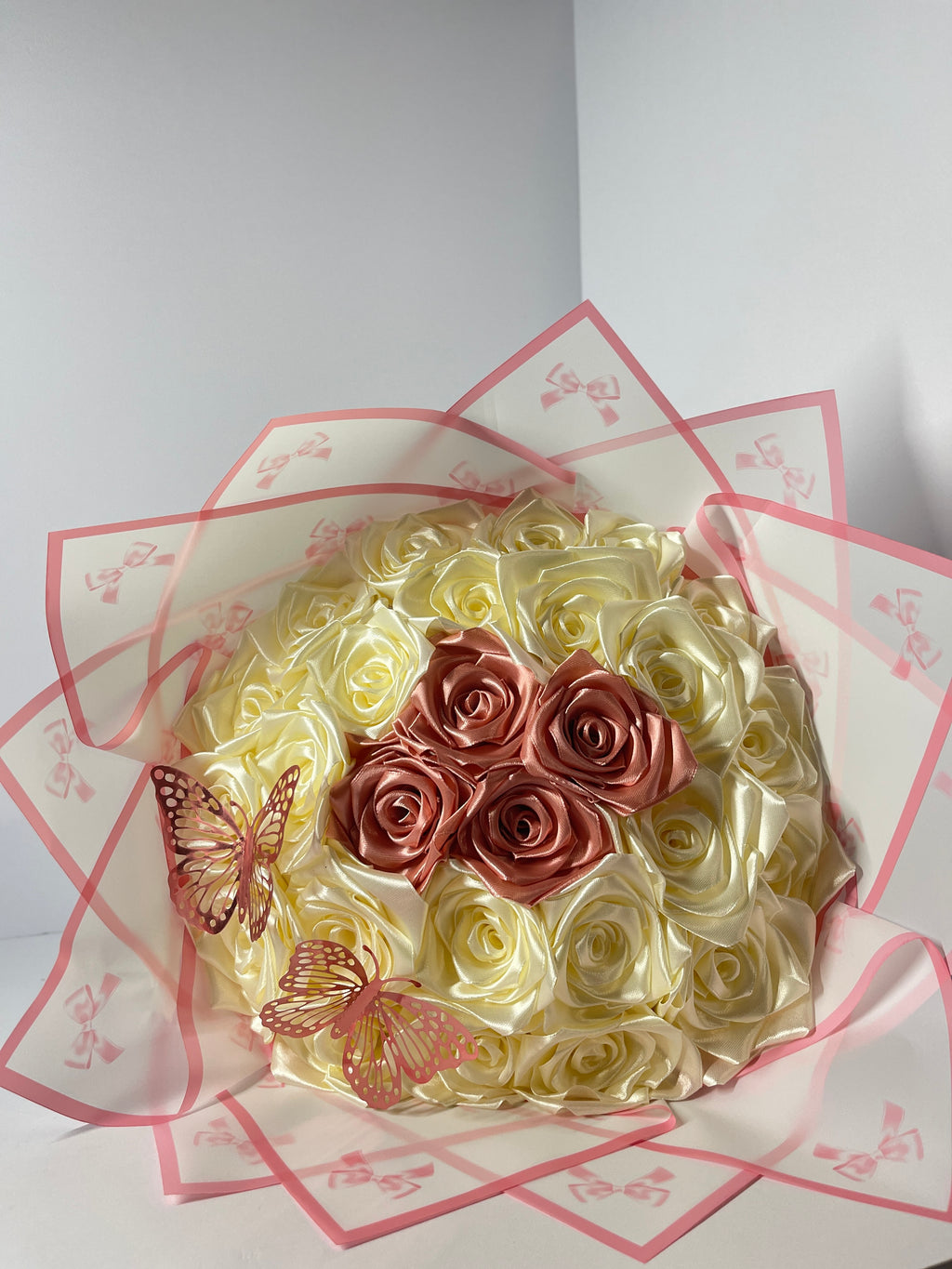 Eternal Rose Satin Ribbon Bouquet - Cream & Rose Gold with Butterflies