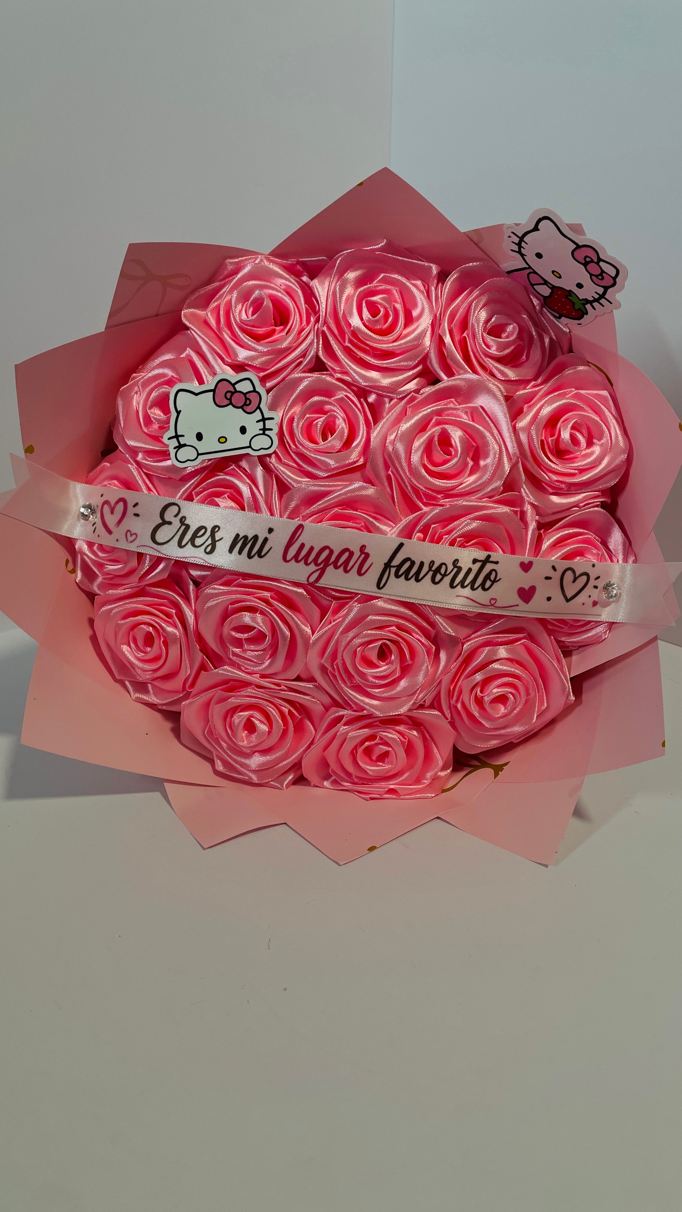 "Eres mi lugar favorito" Hello Kitty Satin Ribbon Rose Bouquet - Handmade Keepsake Gift