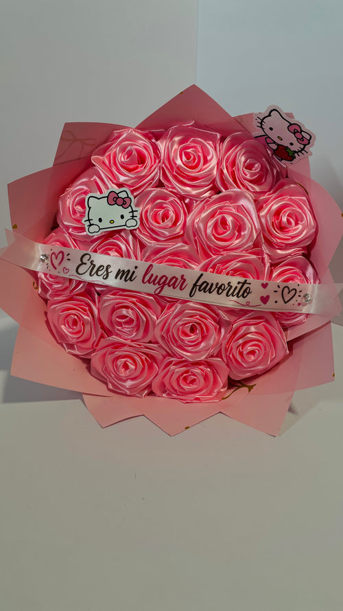 "Eres mi lugar favorito" Hello Kitty Satin Ribbon Rose Bouquet - Handmade Keepsake Gift