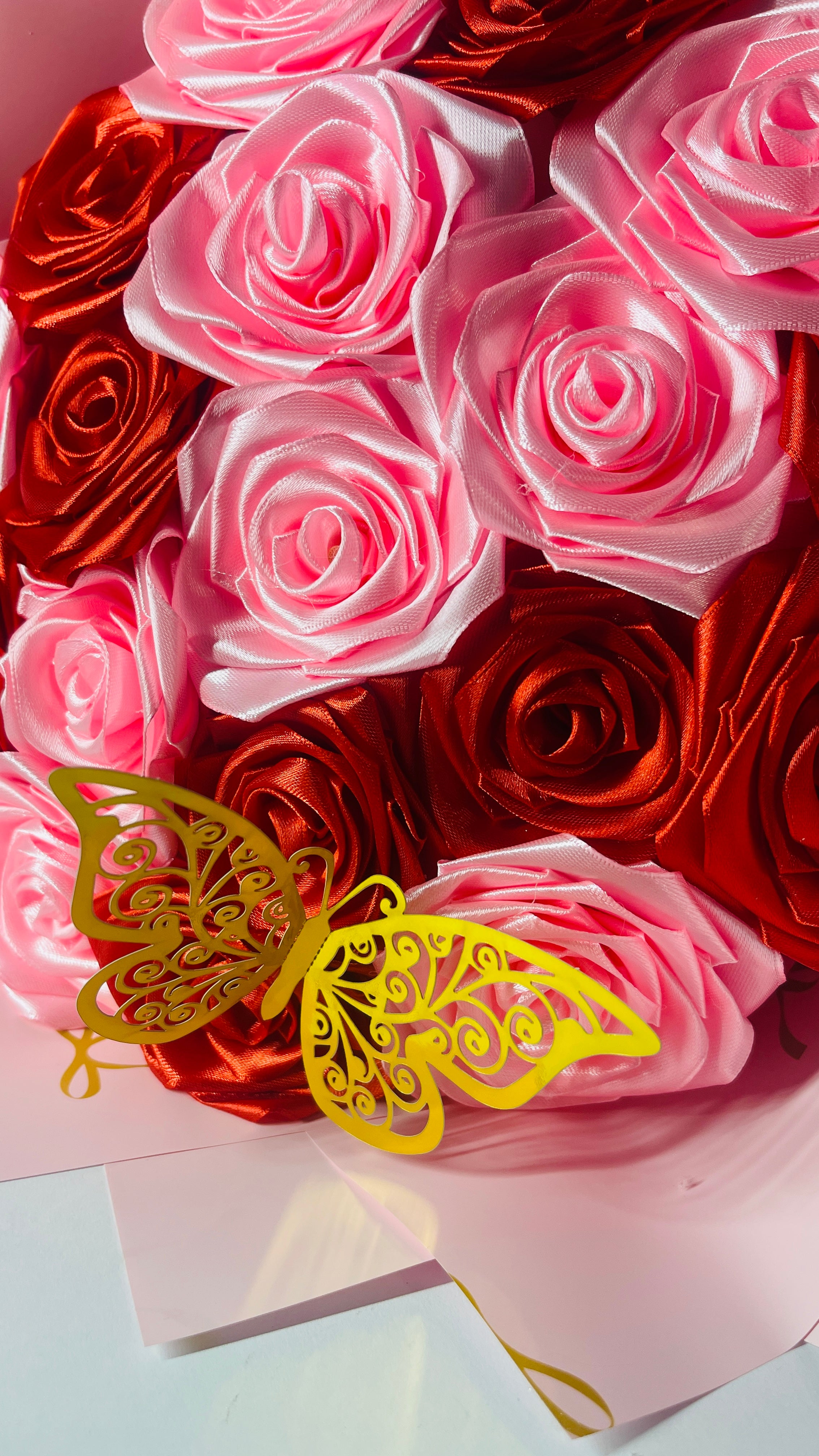 Handmade Red & Pink Satin Rose Bouquet – Sweet Passion Edition⁠