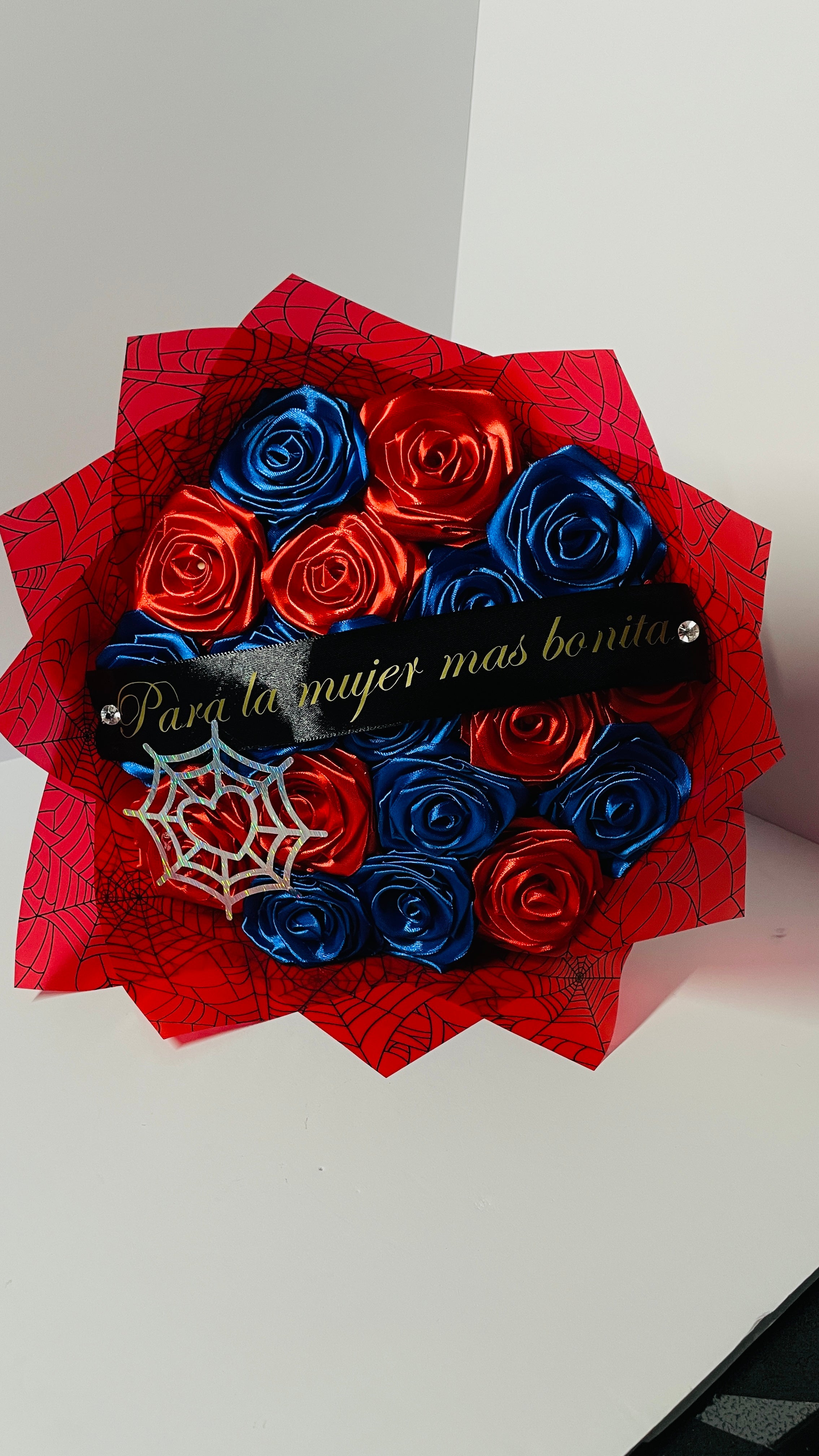 Superhero-Themed Satin Ribbon Rose Bouquet (Spider-Web Design) – Customizable