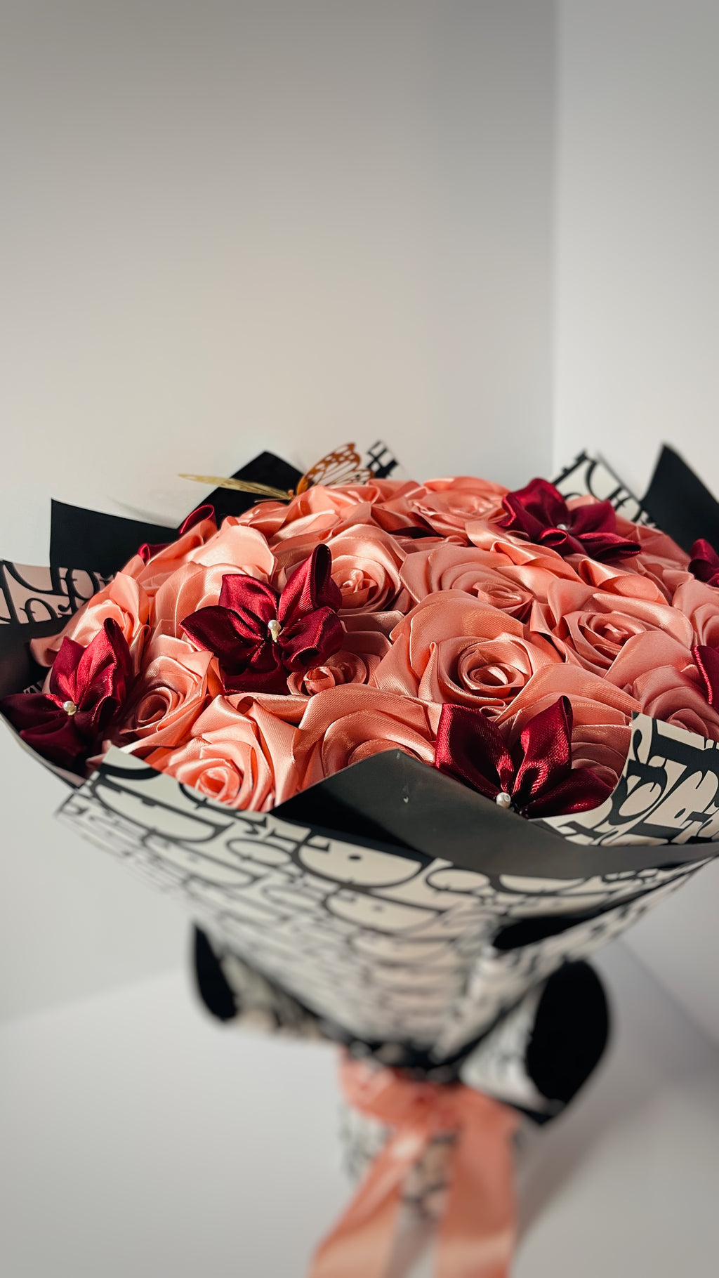 Elegant Handmade Satin Rose Bouquet | Peach & Burgundy Luxury Gift