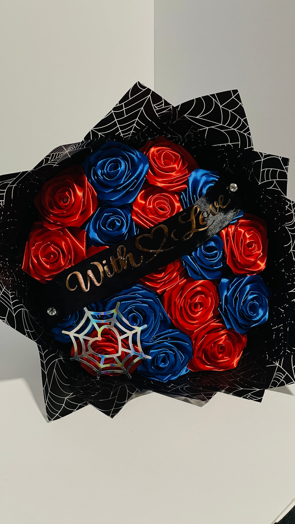 Superhero-Themed Satin Ribbon Rose Bouquet (Spider-Web Design) – Customizable