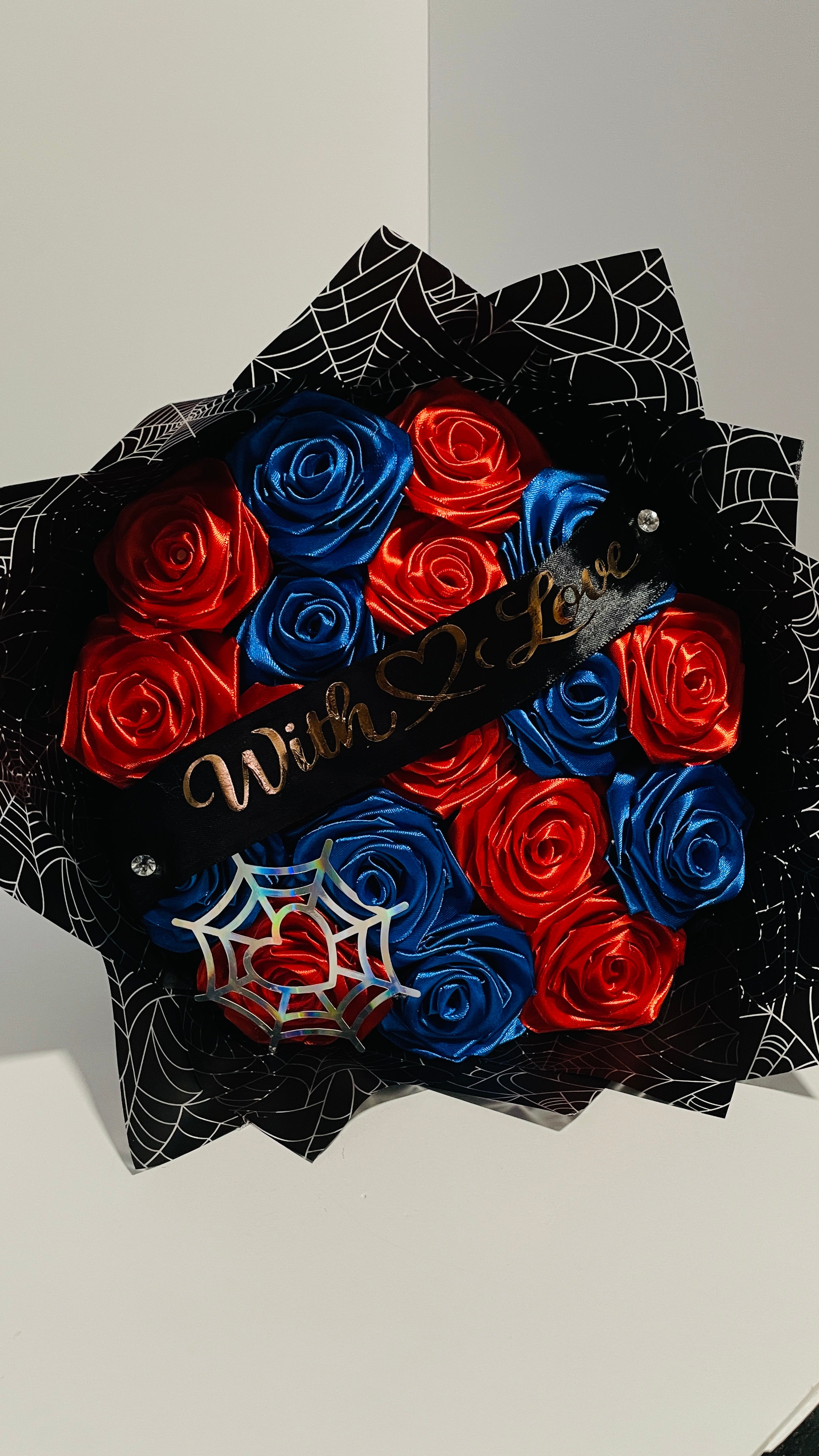Superhero-Themed Satin Ribbon Rose Bouquet (Spider-Web Design) – Customizable