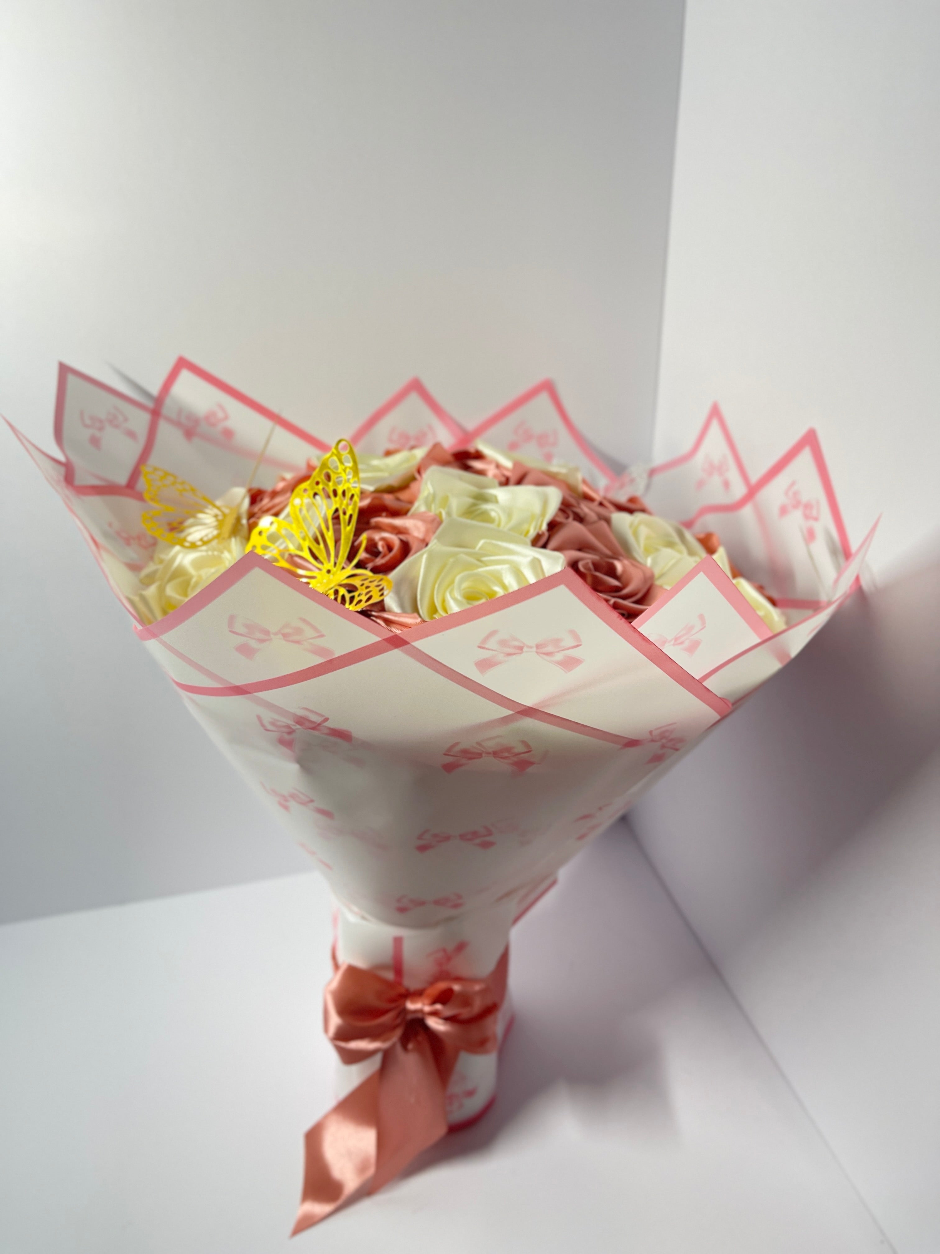 Handmade Satin Ribbon Rose Bouquet - Rose Gold & Cream (32-Rose)