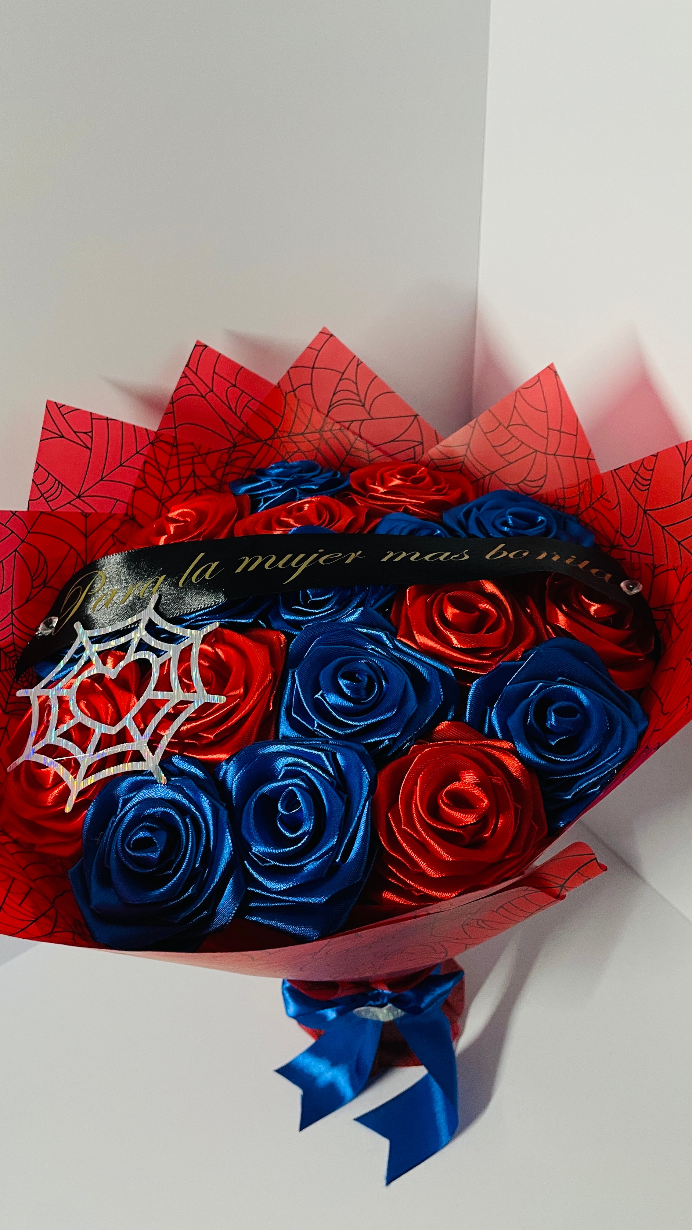 Superhero-Themed Satin Ribbon Rose Bouquet (Spider-Web Design) – Customizable