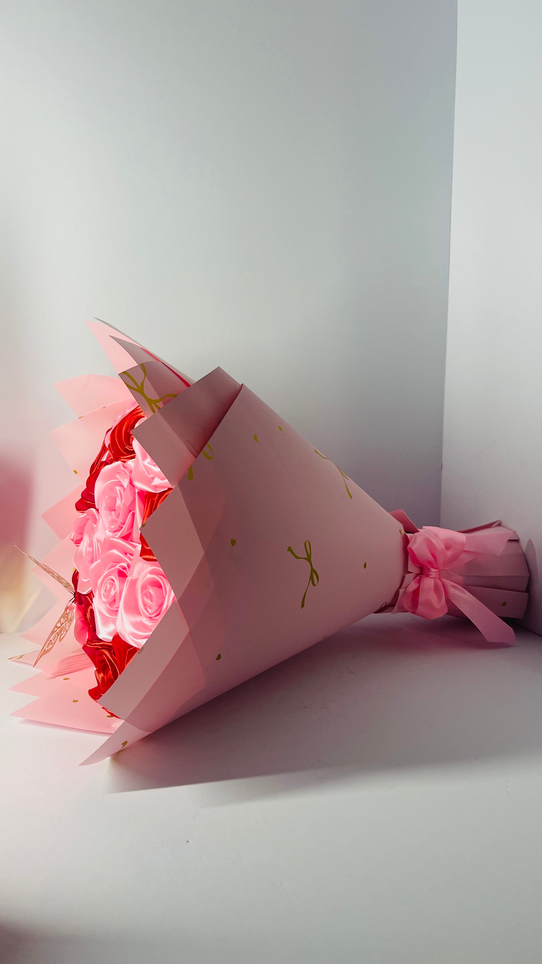 Handmade Red & Pink Satin Rose Bouquet – Sweet Passion Edition⁠