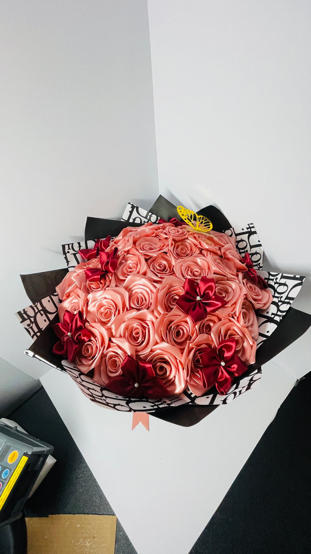 Elegant Handmade Satin Rose Bouquet | Peach & Burgundy Luxury Gift