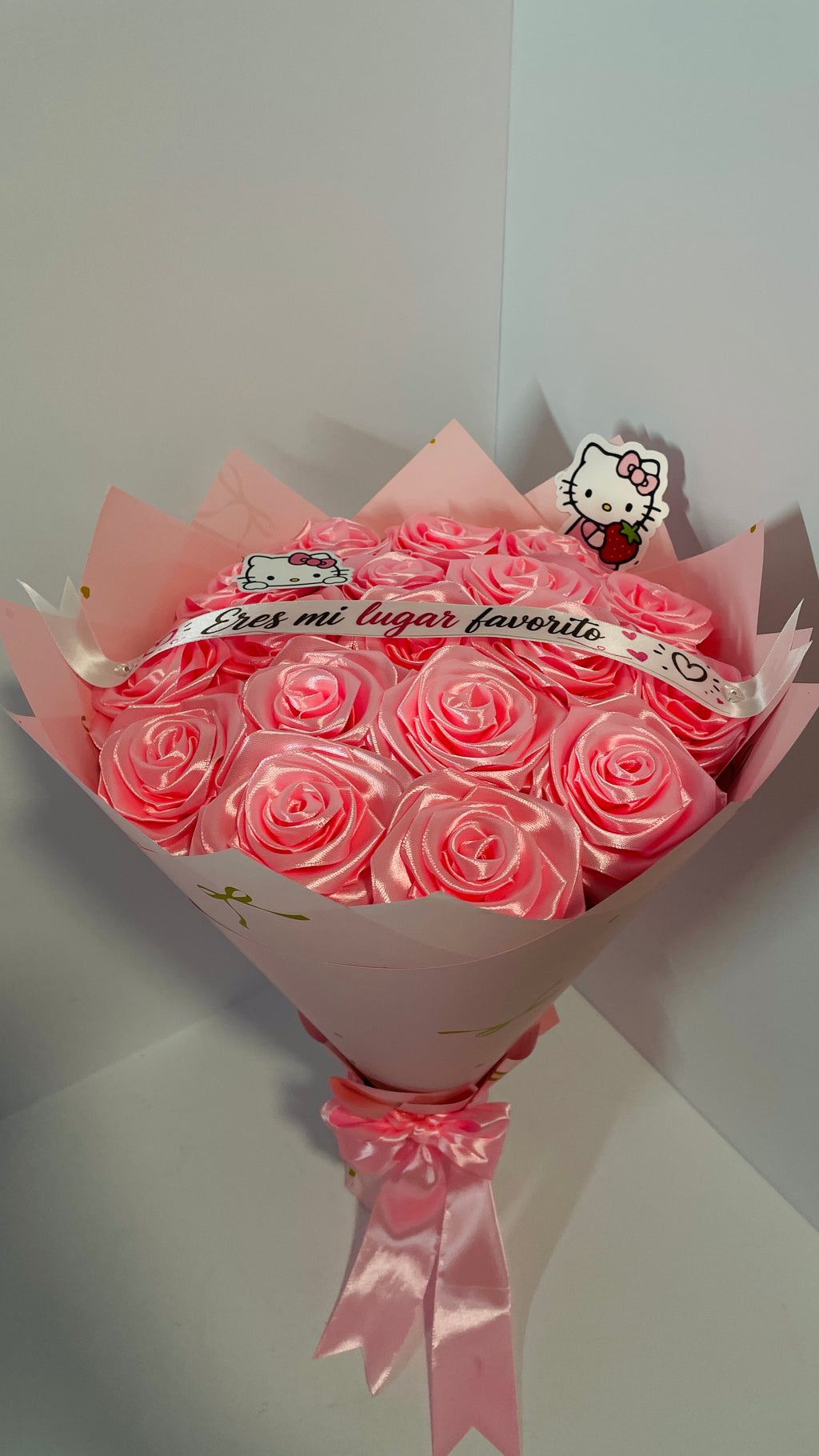 "Eres mi lugar favorito" Hello Kitty Satin Ribbon Rose Bouquet - Handmade Keepsake Gift
