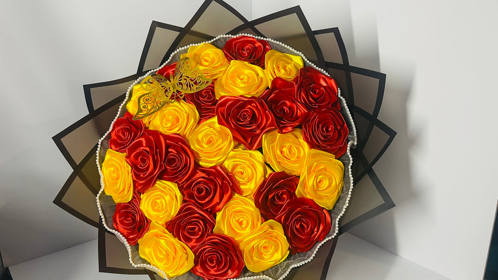 Handmade Satin Rose Bouquet – Elegant Red & Yellow Design 30-steams