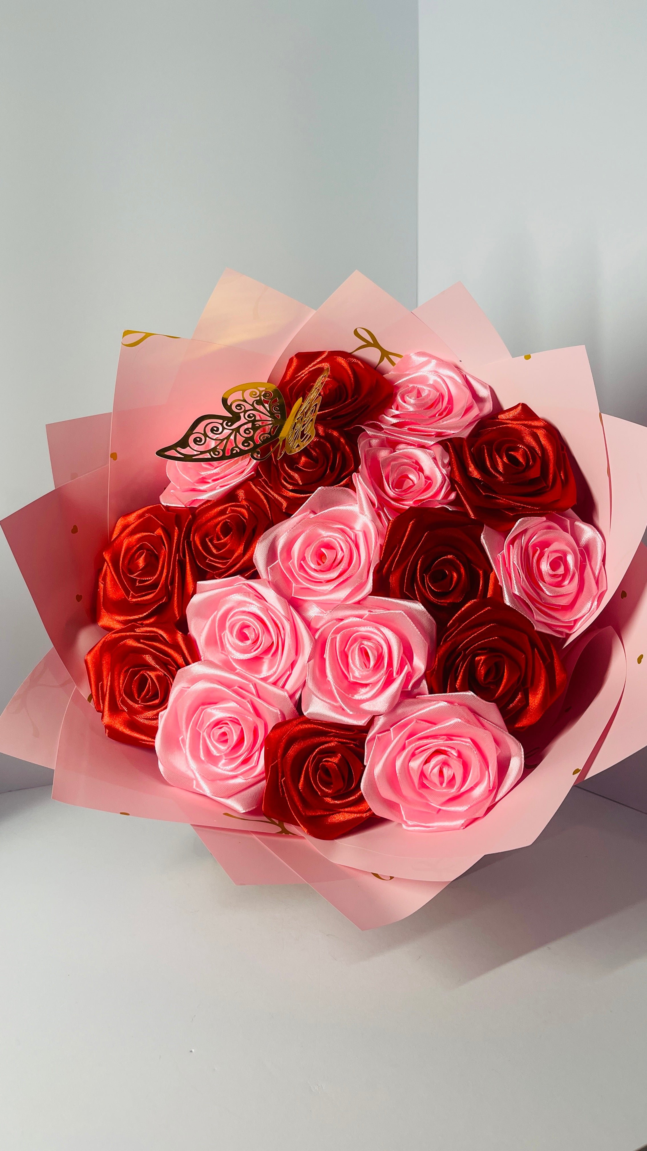 Handmade Red & Pink Satin Rose Bouquet – Sweet Passion Edition⁠