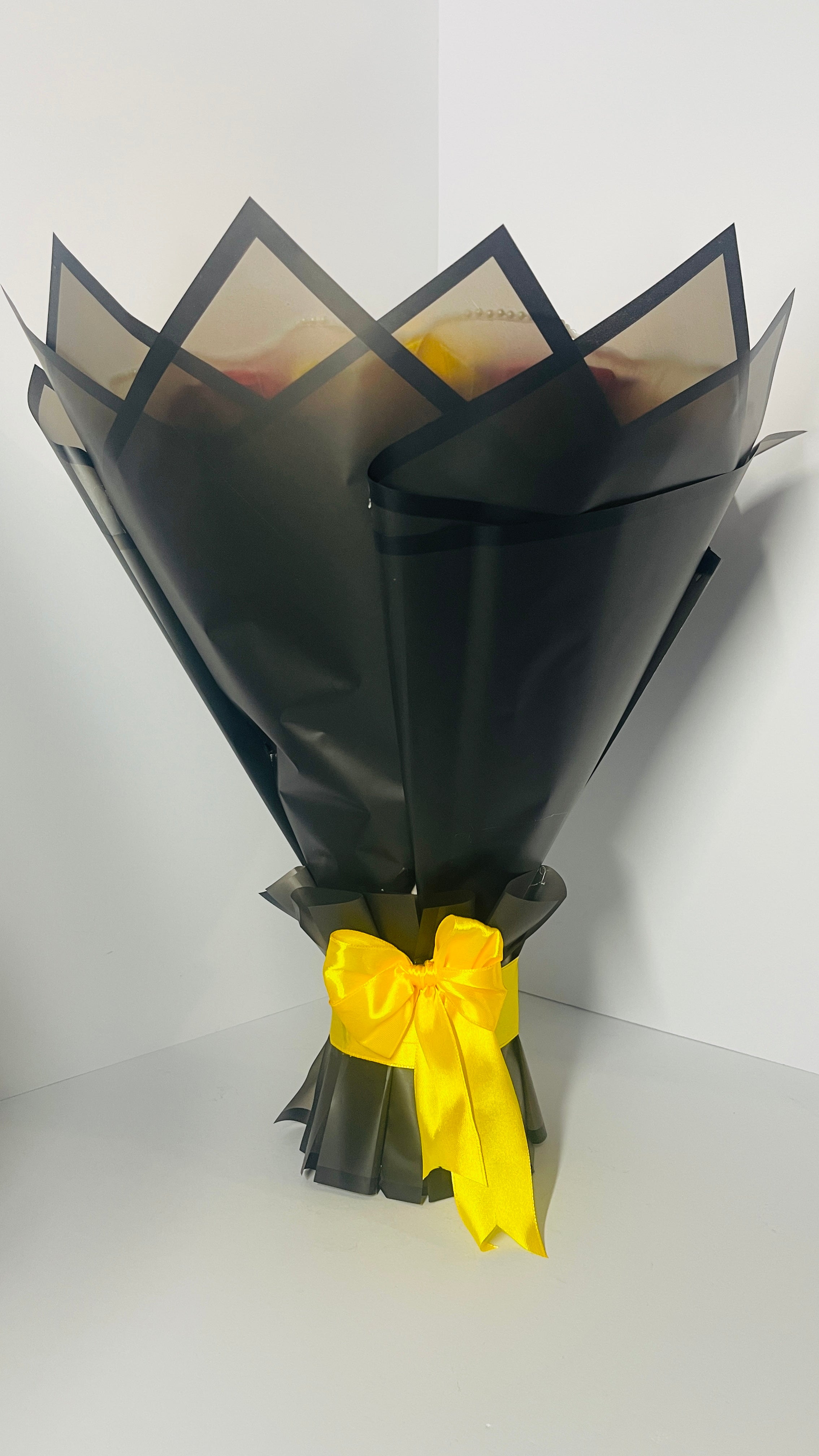 Handmade Satin Rose Bouquet – Elegant Red & Yellow Design 30-steams