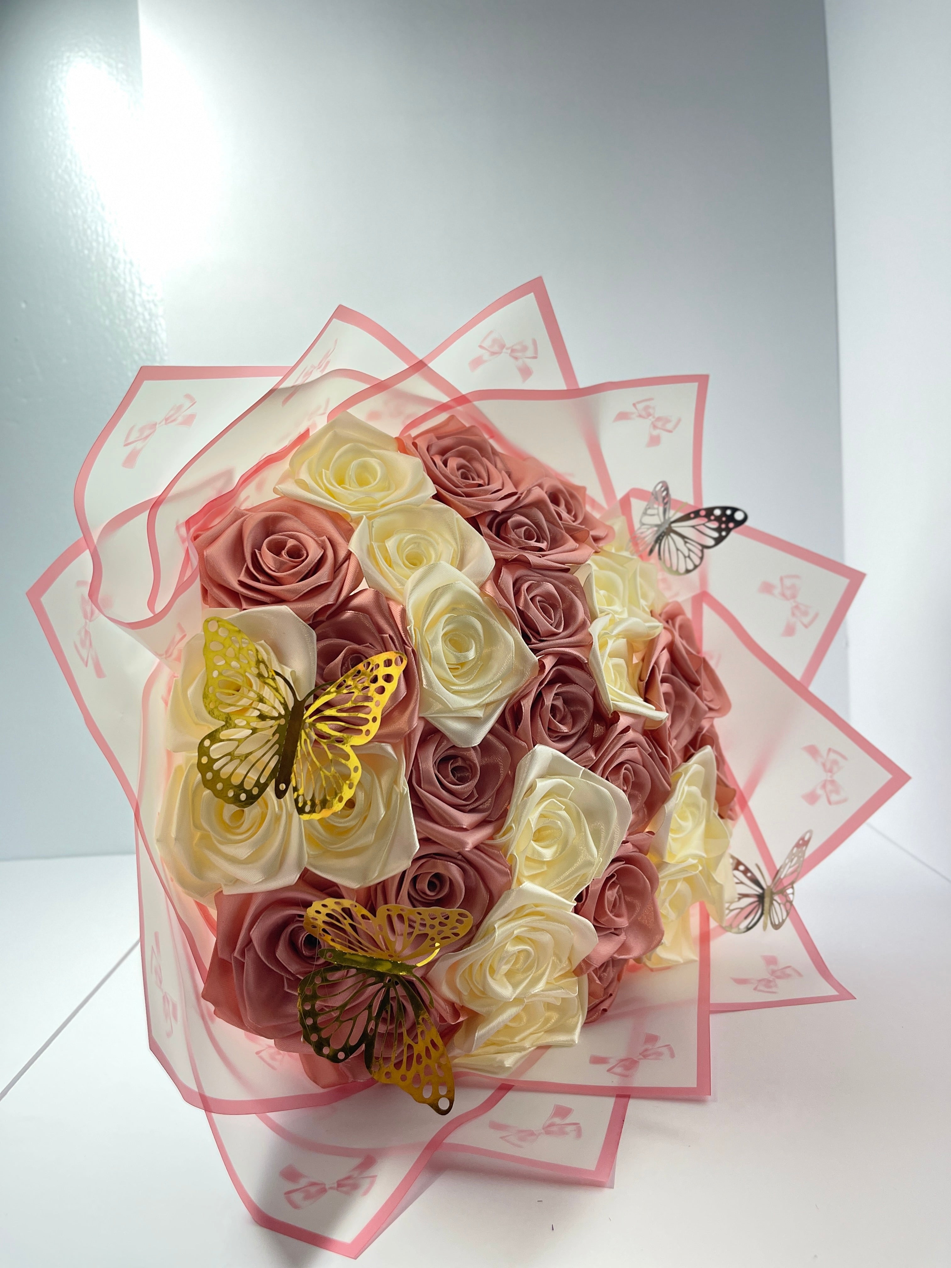 Handmade Satin Ribbon Rose Bouquet - Rose Gold & Cream (32-Rose)