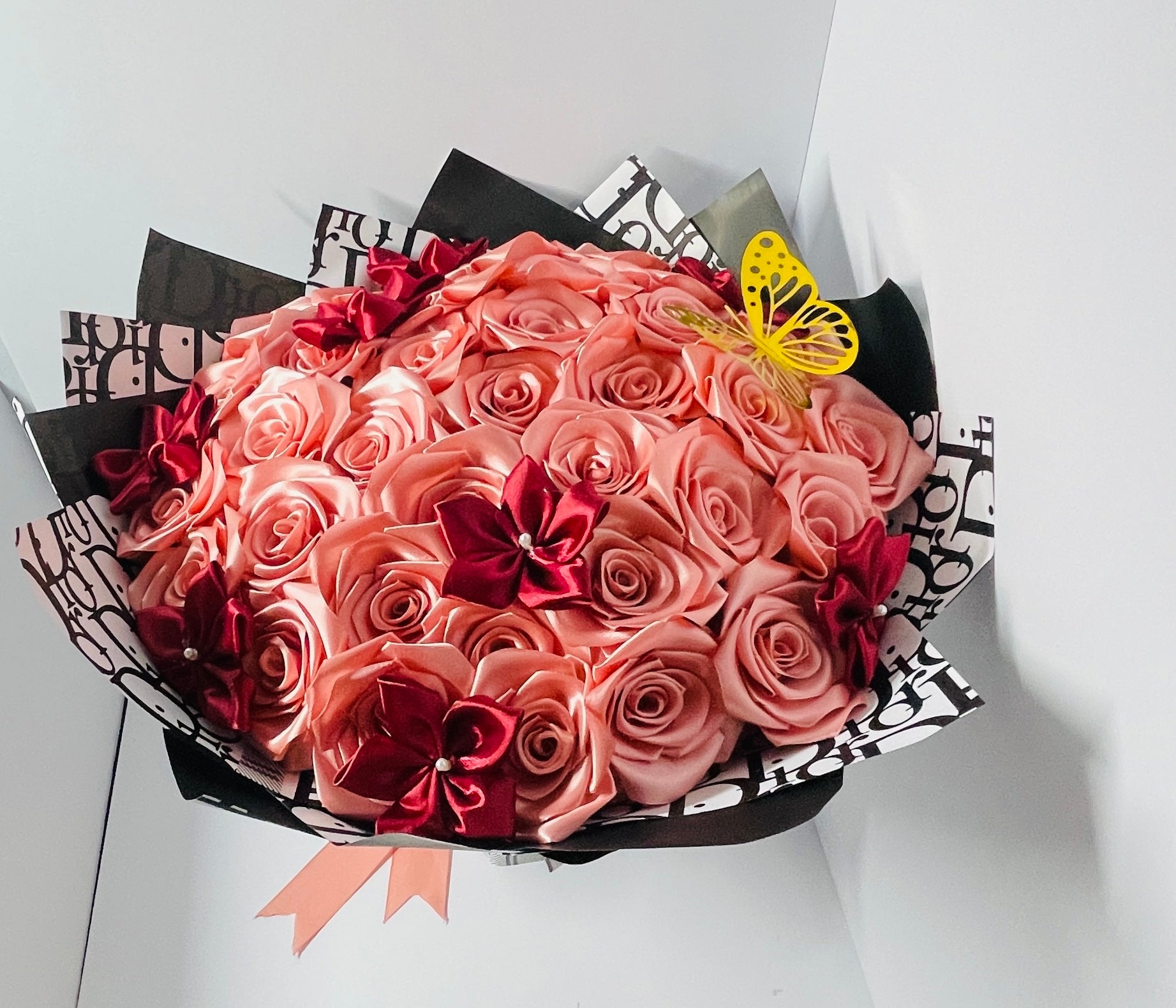 Elegant Handmade Satin Rose Bouquet | Peach & Burgundy Luxury Gift