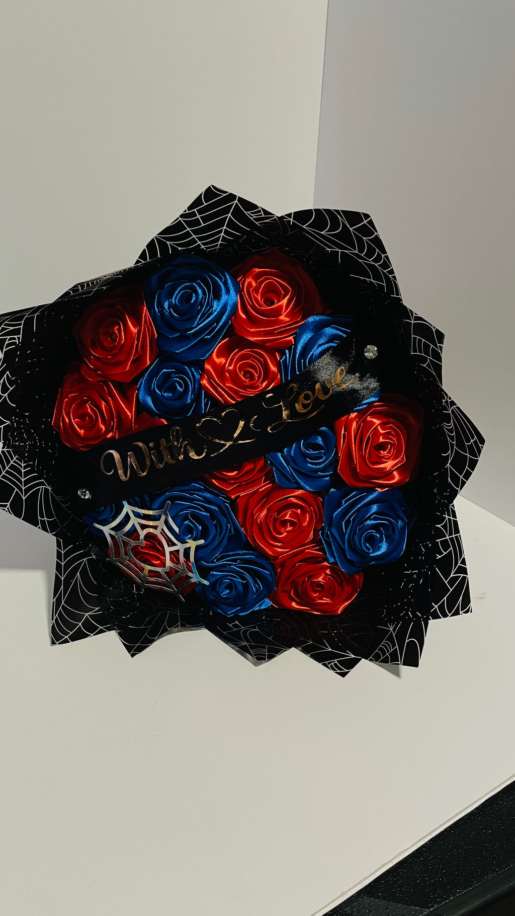 Superhero-Themed Satin Ribbon Rose Bouquet (Spider-Web Design) – Customizable