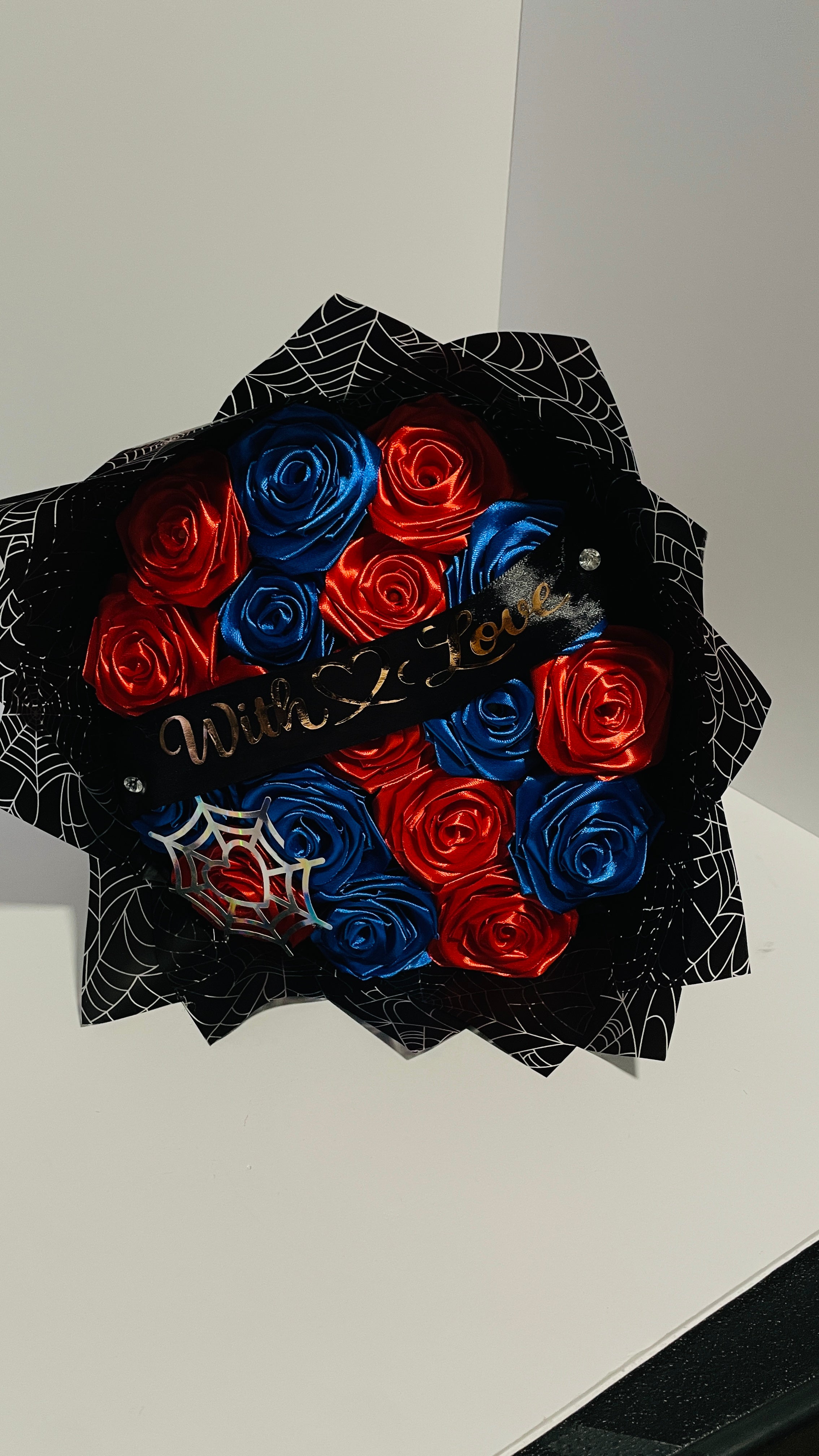 Superhero-Themed Satin Ribbon Rose Bouquet (Spider-Web Design) – Customizable