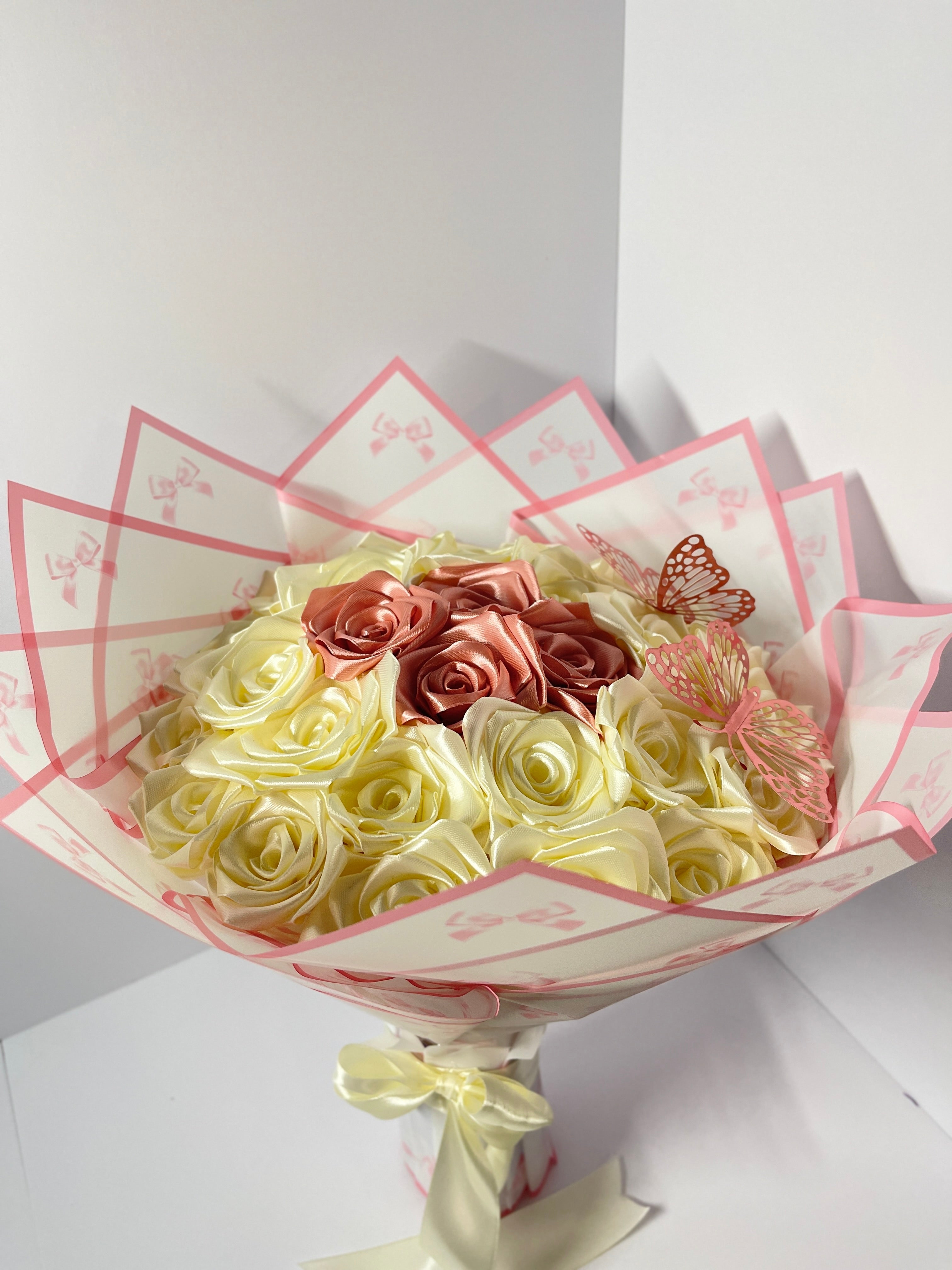 Eternal Rose Satin Ribbon Bouquet - Cream & Rose Gold with Butterflies