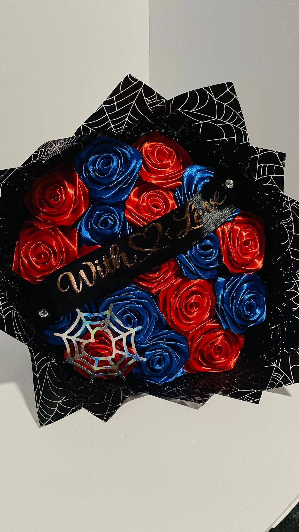 Superhero-Themed Satin Ribbon Rose Bouquet (Spider-Web Design) – Customizable