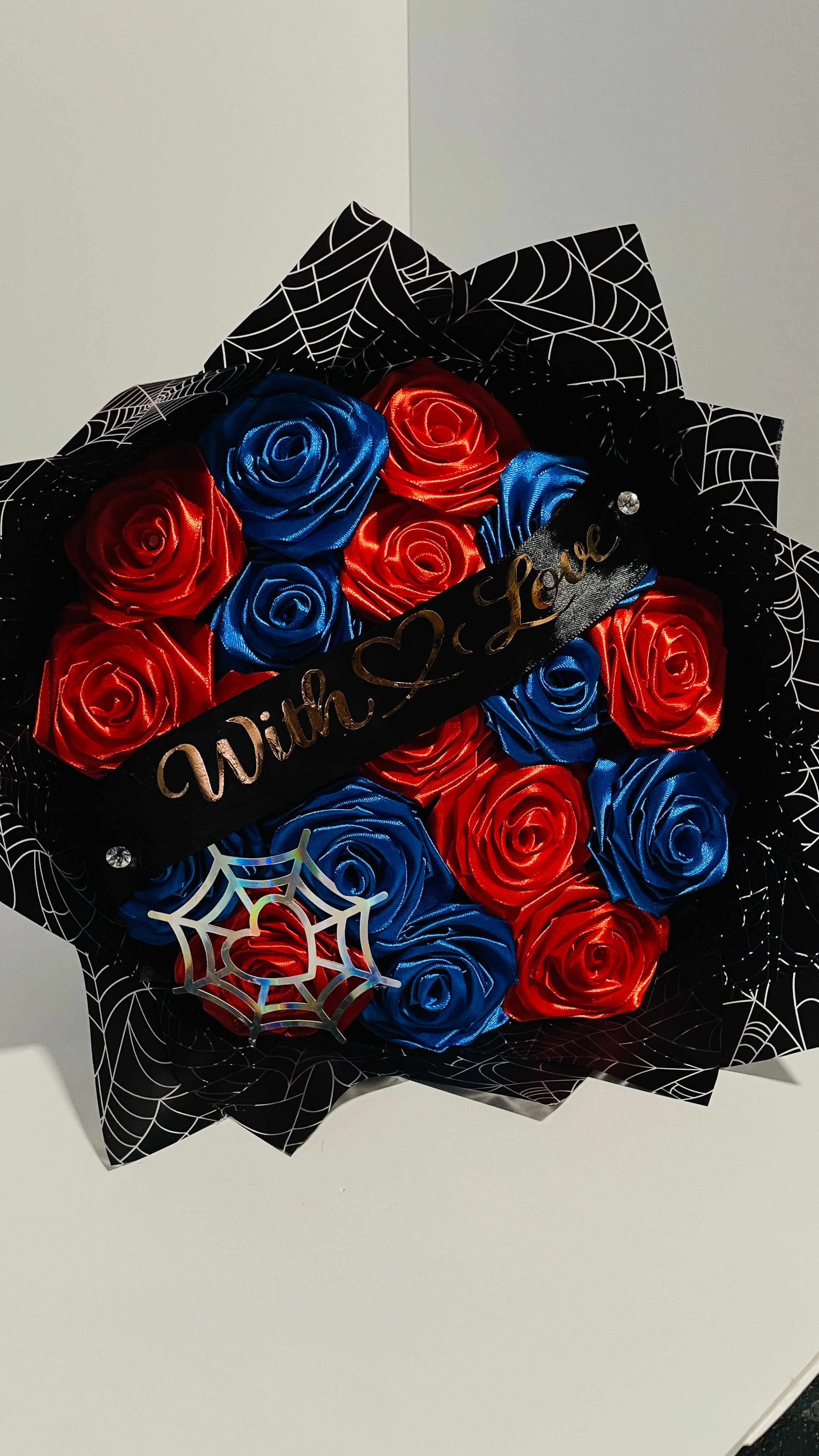 Superhero-Themed Satin Ribbon Rose Bouquet (Spider-Web Design) – Customizable