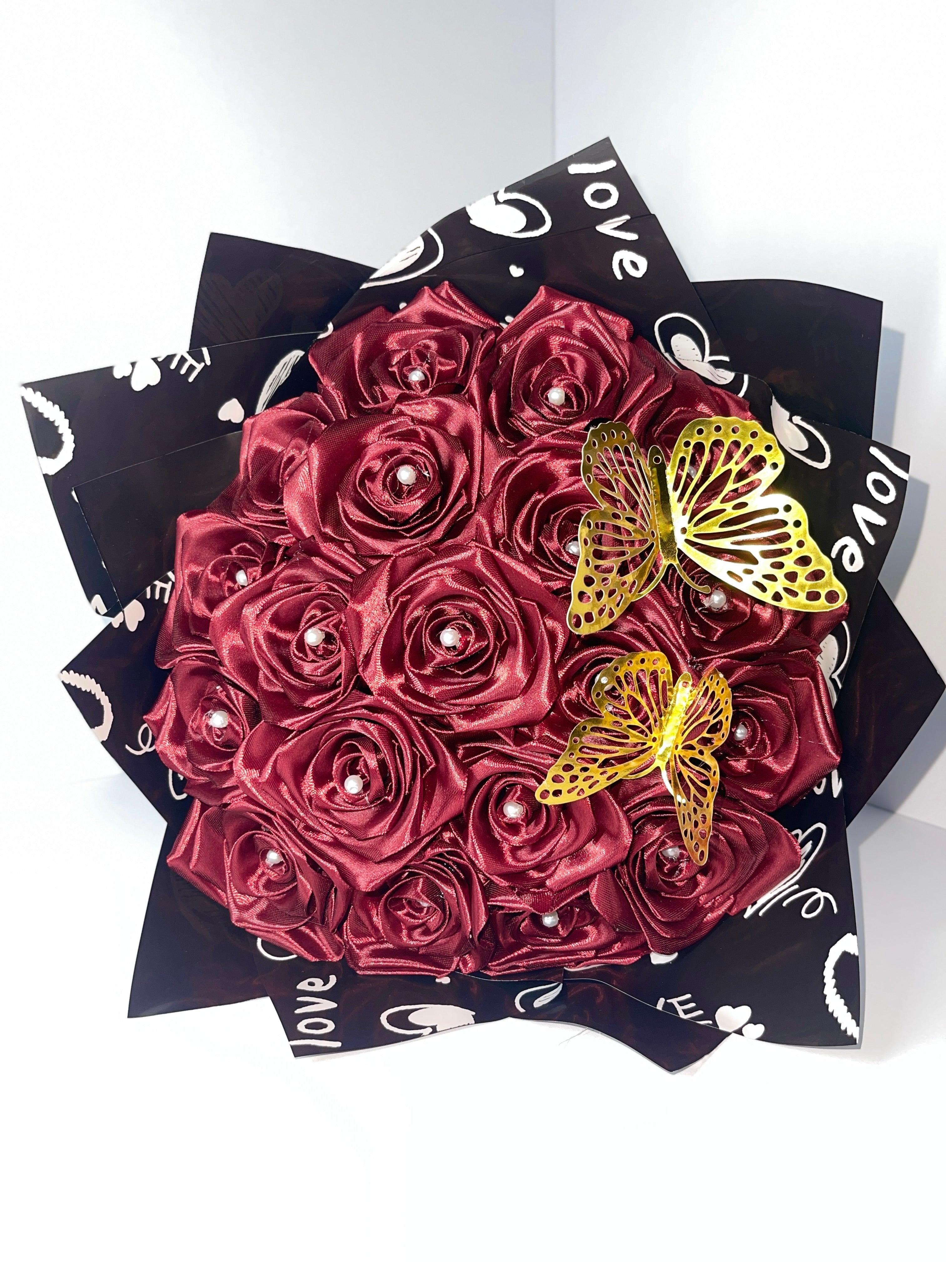 Handmade Eternal Satin Rose Bouquet - Burgundy with Gold Butterflies (18-rose)
