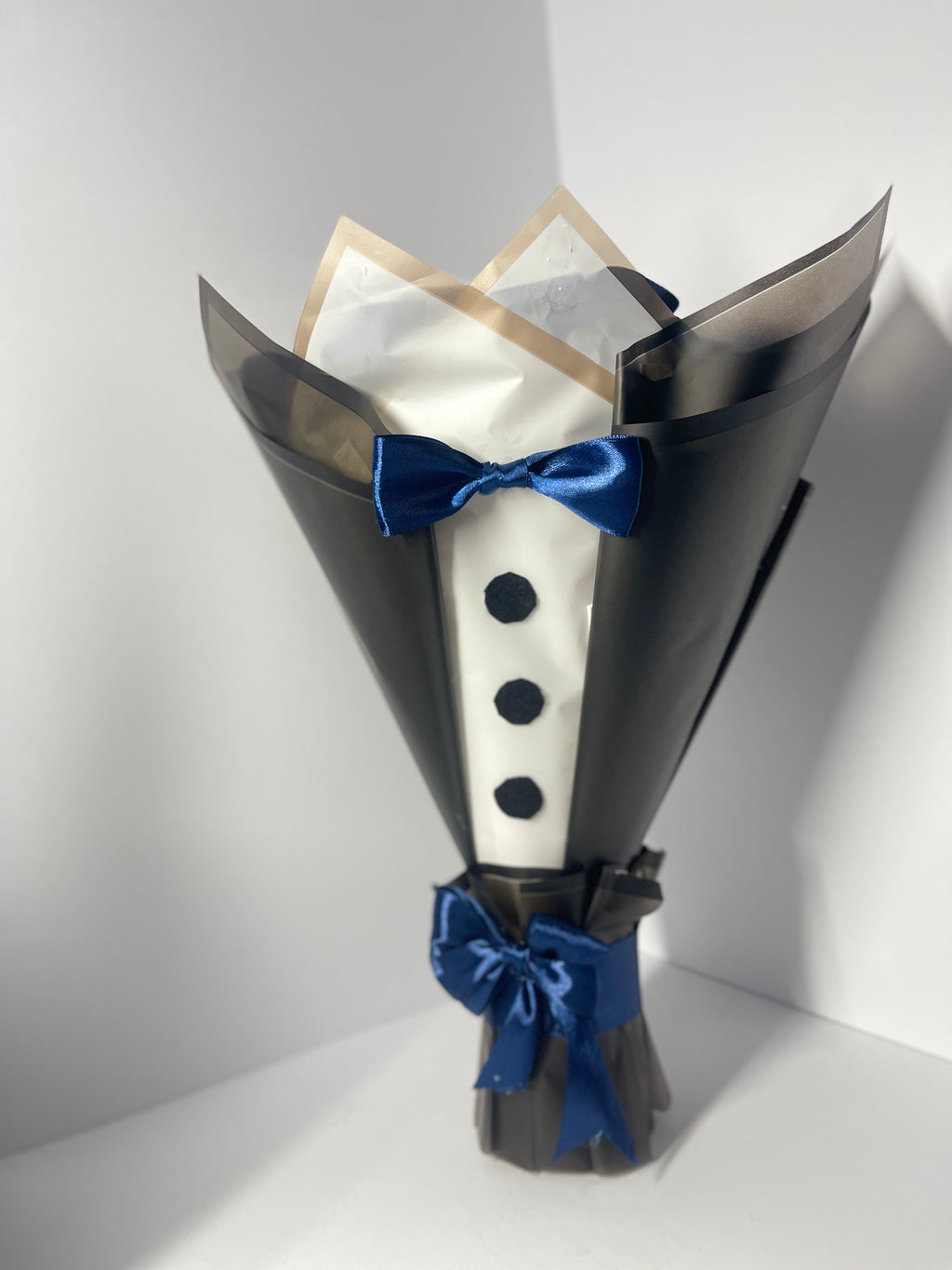 Handcrafted Satin Ribbon Rose Bouquet - Elegant Tuxedo Design with Blue Bow Tie