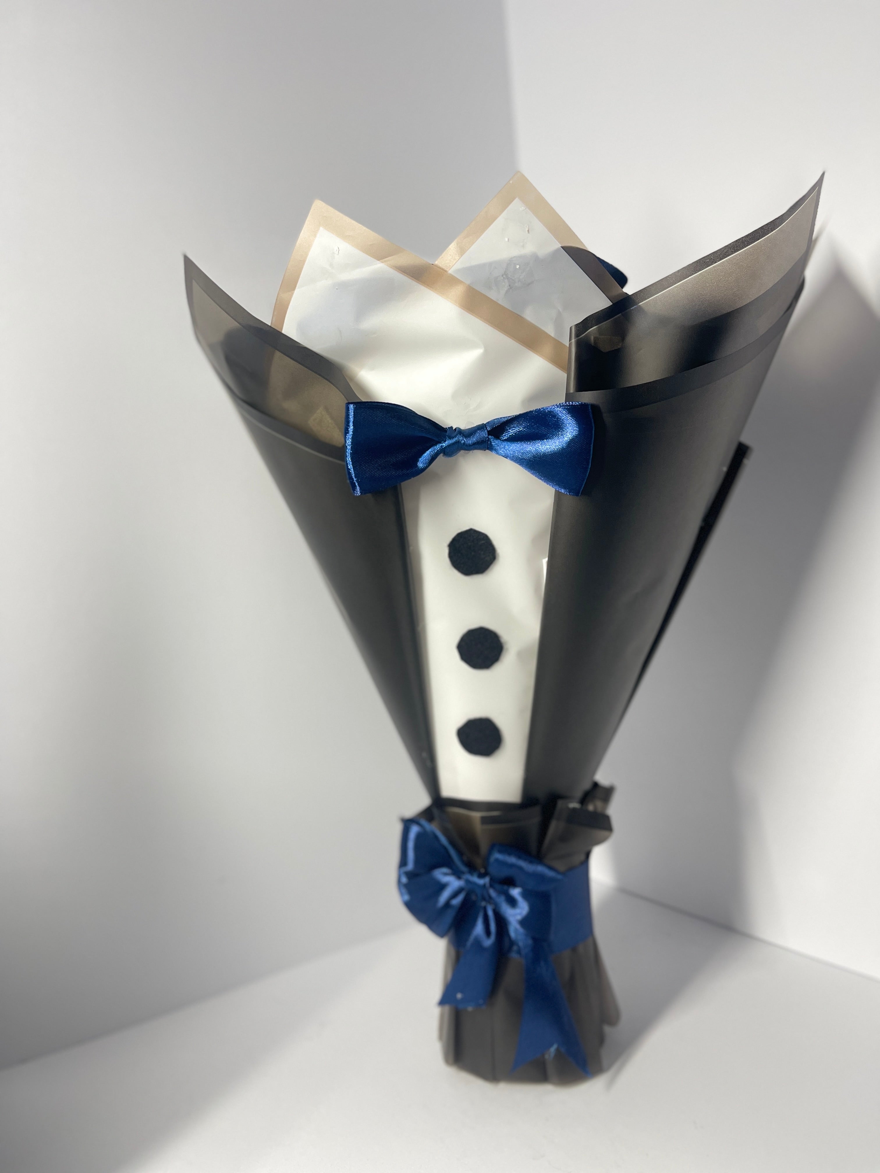 Handcrafted Satin Ribbon Rose Bouquet - Elegant Tuxedo Design with Blue Bow Tie