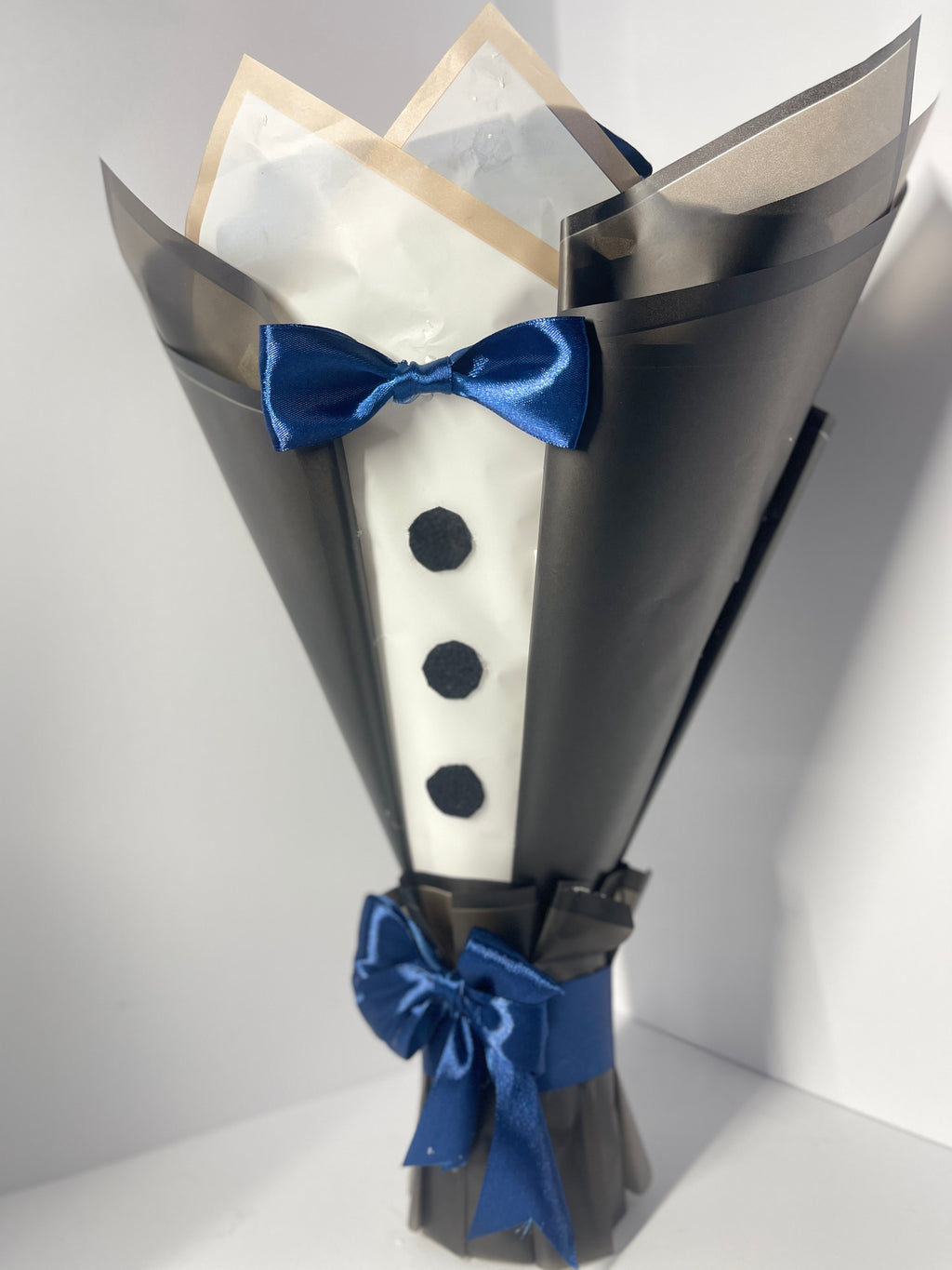 Handcrafted Satin Ribbon Rose Bouquet - Elegant Tuxedo Design with Blue Bow Tie