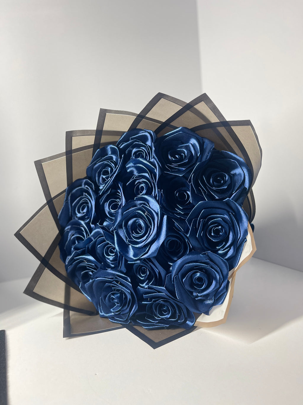 Handcrafted Satin Ribbon Rose Bouquet - Elegant Tuxedo Design with Blue Bow Tie
