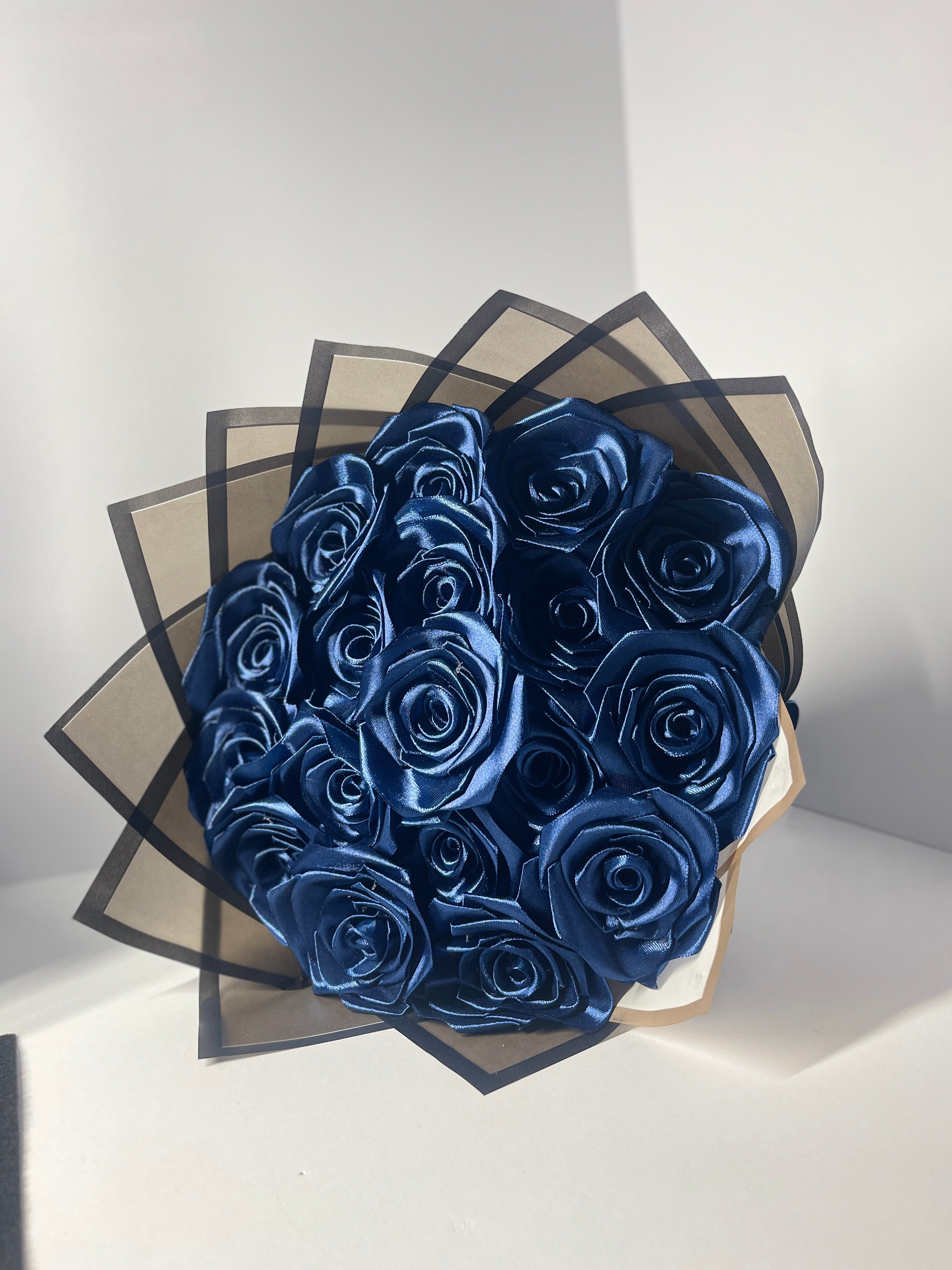 Handcrafted Satin Ribbon Rose Bouquet - Elegant Tuxedo Design with Blue Bow Tie