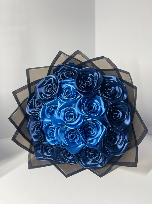 Blue ombre satin ribbon rose bouquet