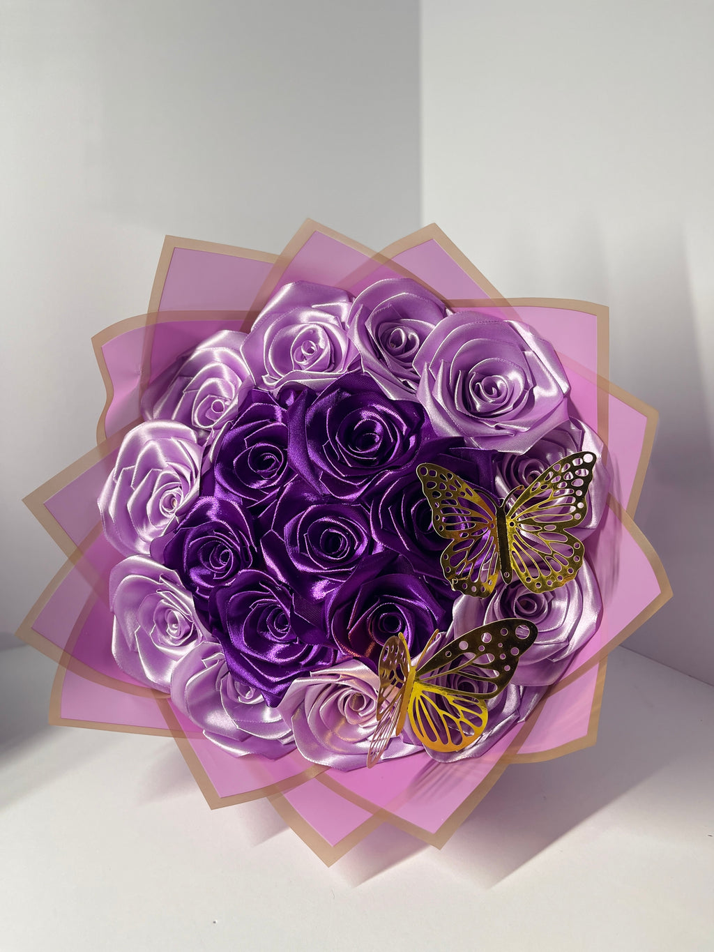 Handcrafted Satin Ribbon Rose Bouquet - Royal Black and Red Design with Golden Crown