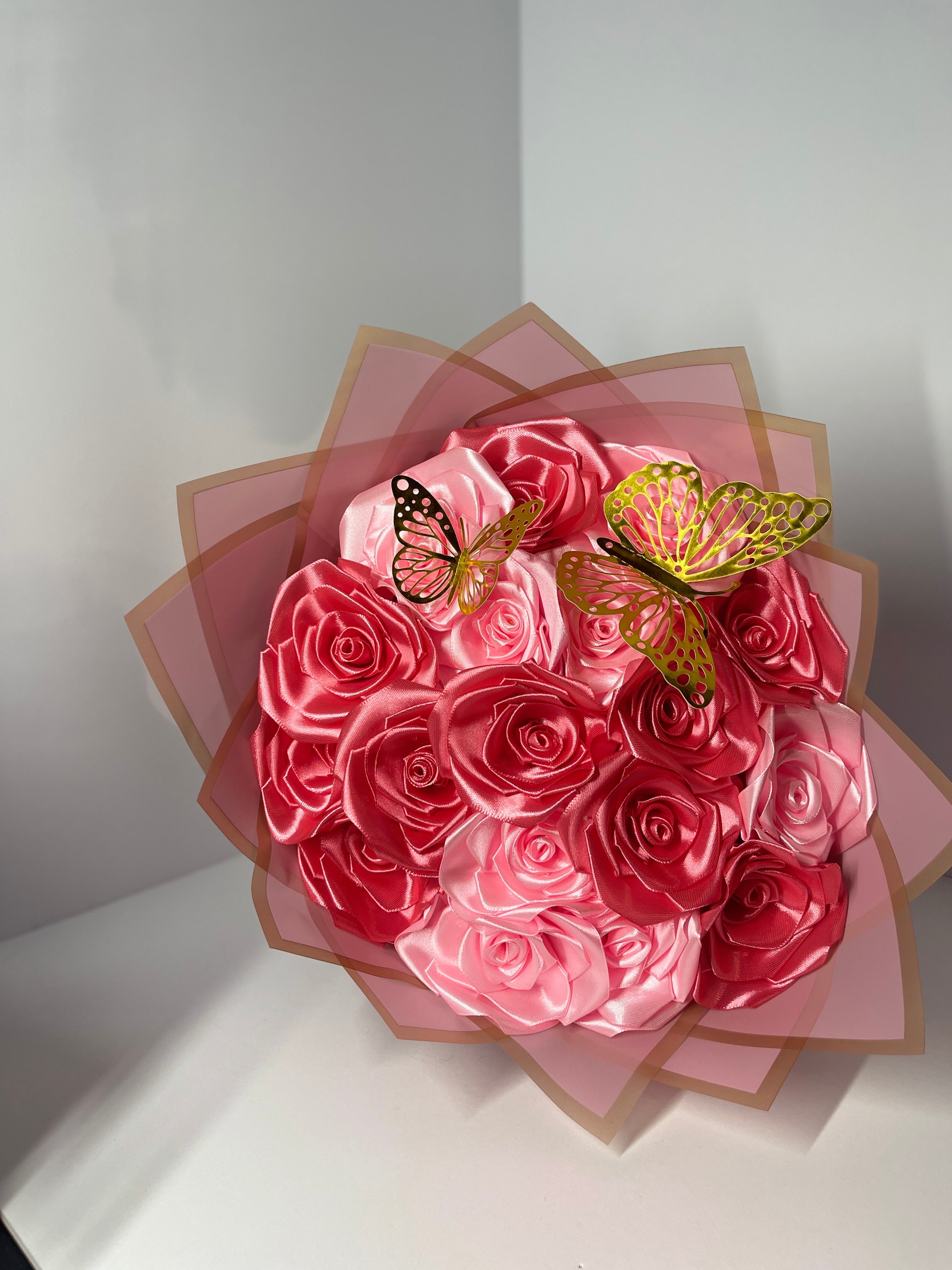 Handcrafted Satin Ribbon Rose Bouquet - Princess Pink Design with Golden Crown and Butterflies
