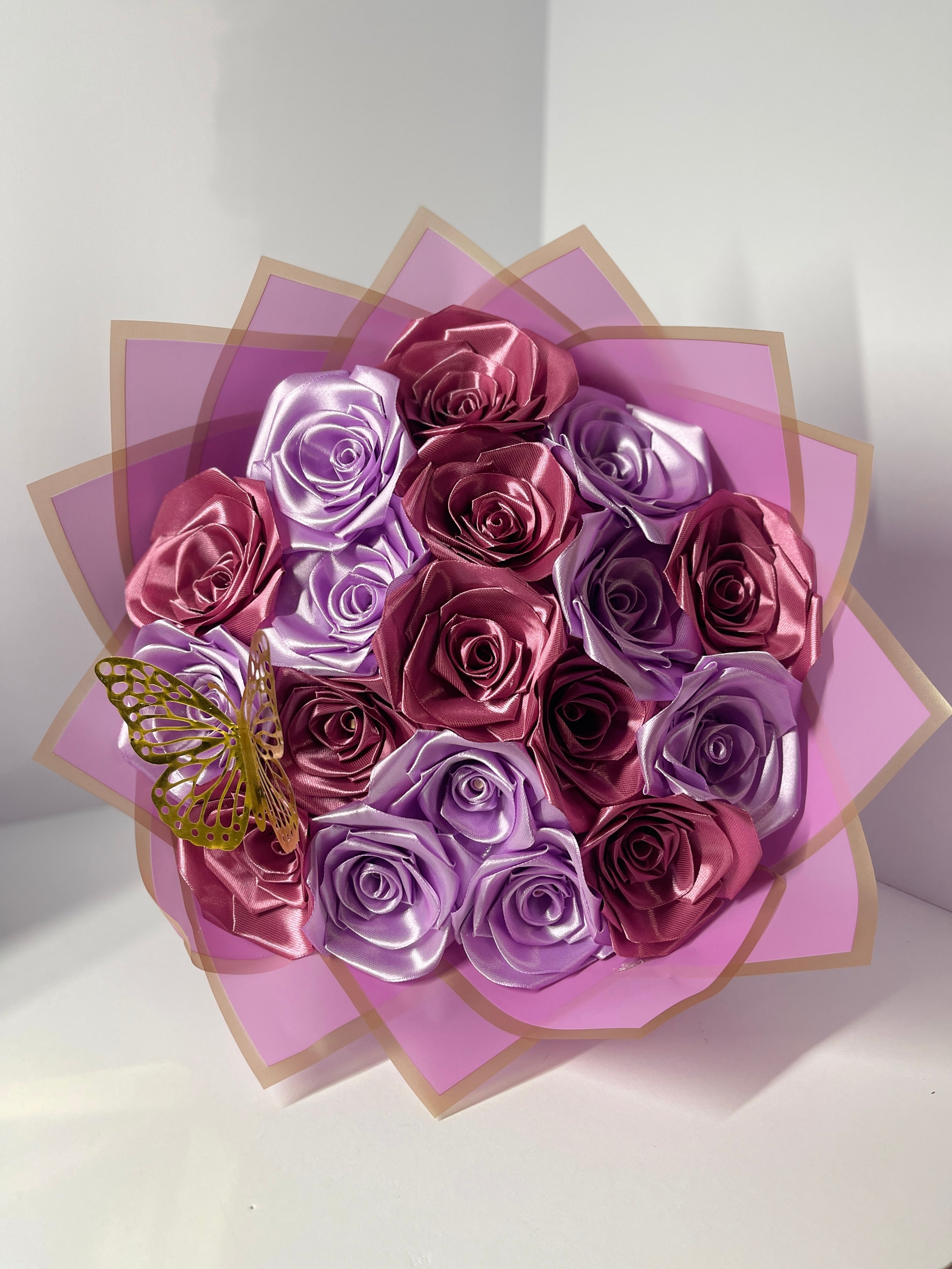 Handcrafted Satin Ribbon Rose Bouquet - Eclectic Maroon and Lavender Mix with Golden Butterfly