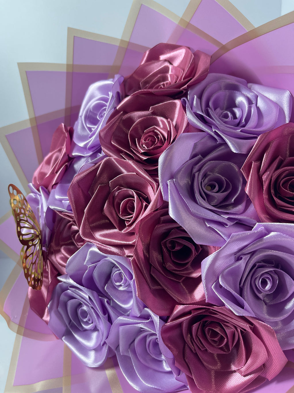 Handcrafted Satin Ribbon Rose Bouquet - Eclectic Maroon and Lavender Mix with Golden Butterfly
