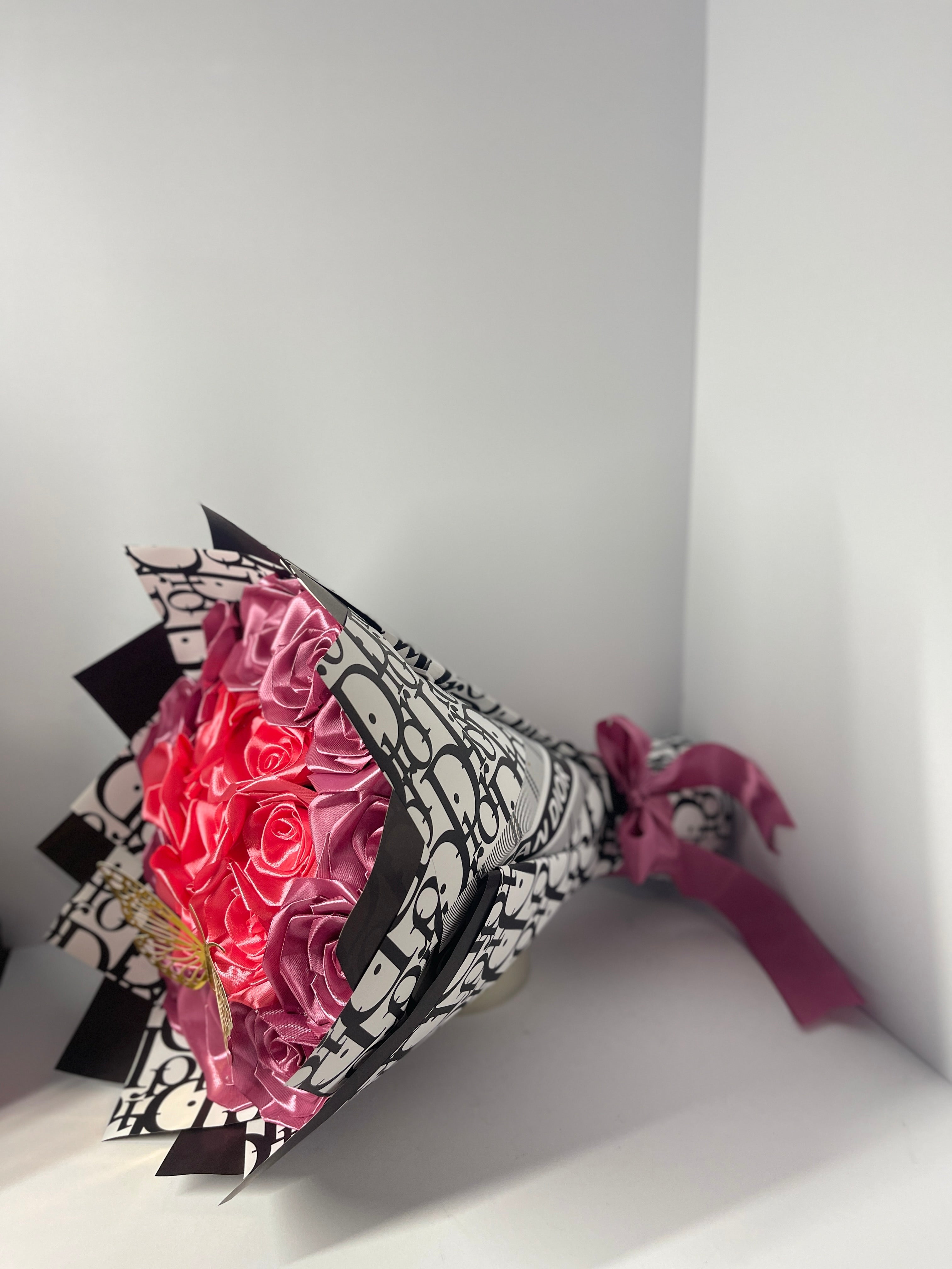 Handcrafted Light Blue and White Satin Ribbon Rose Bouquet with Gold Butterfly Accessory