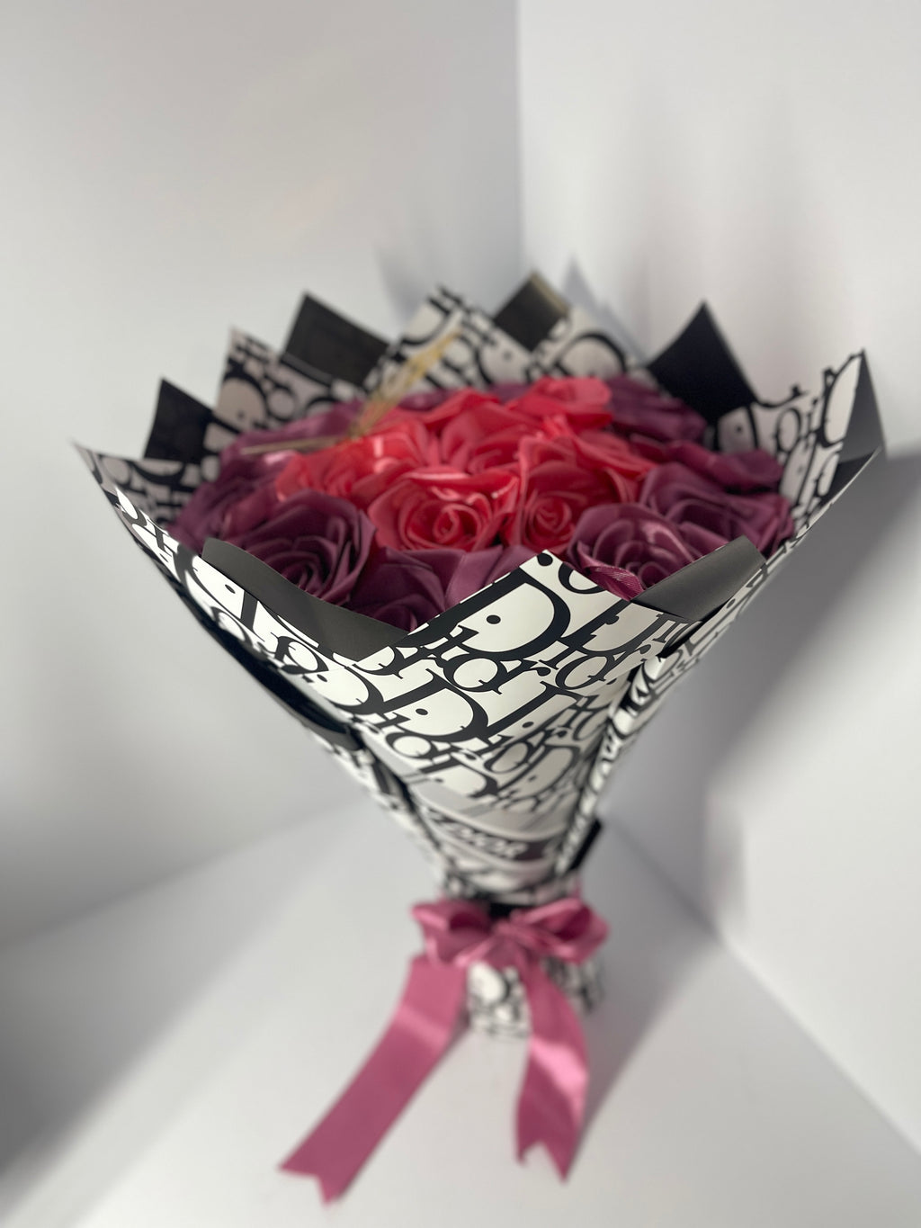 Handcrafted Light Blue and White Satin Ribbon Rose Bouquet with Gold Butterfly Accessory